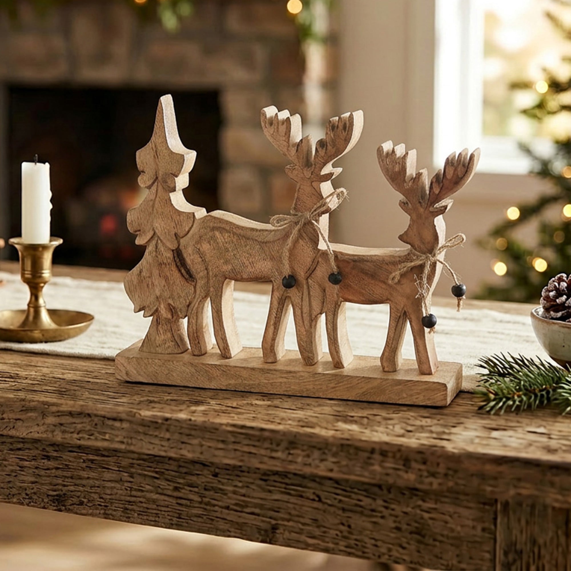 Wood Carved Reindeer with Tree Decor Small, Christmas, Holiday Decor