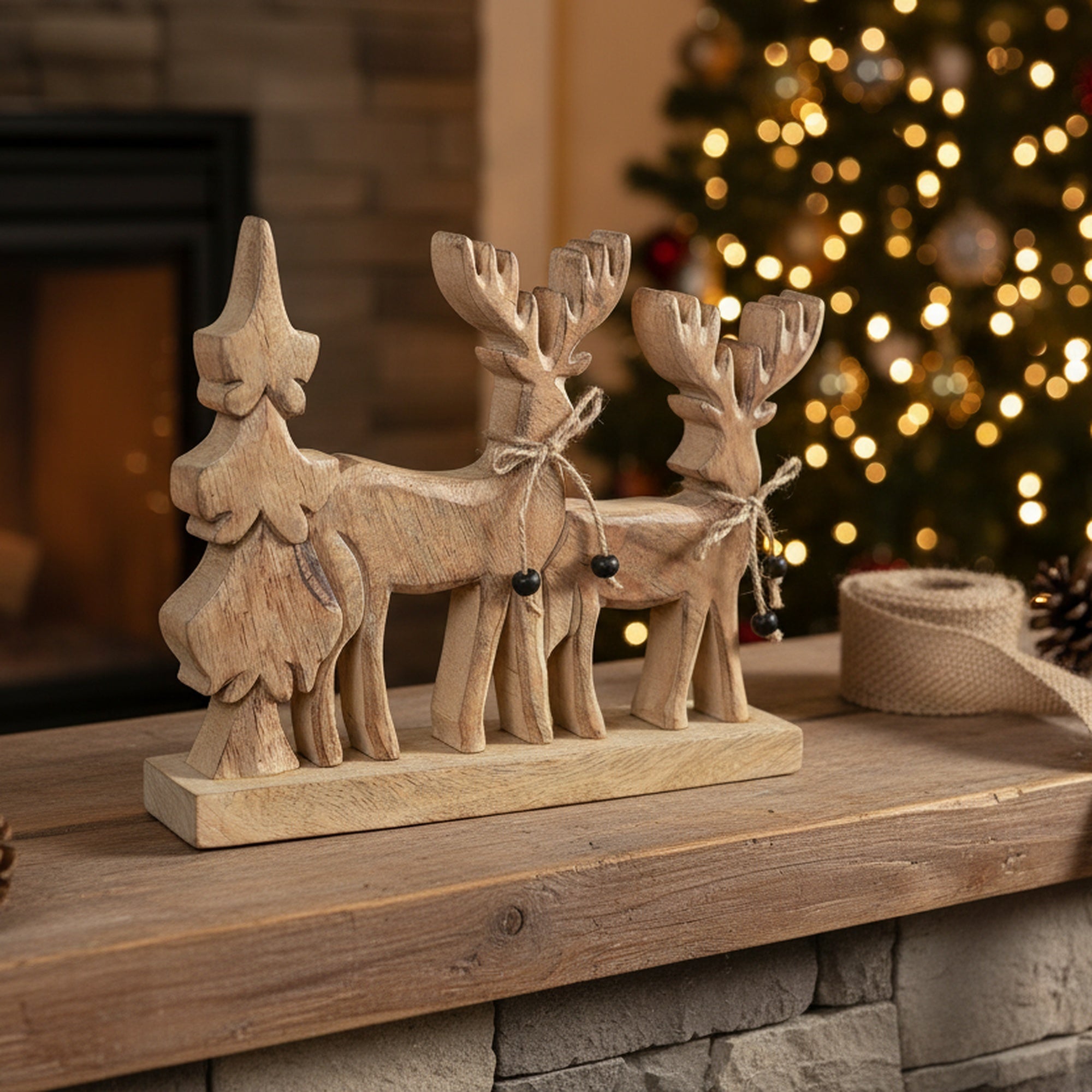 Wood Carved Reindeer with Tree Decor Small, Christmas, Holiday Decor