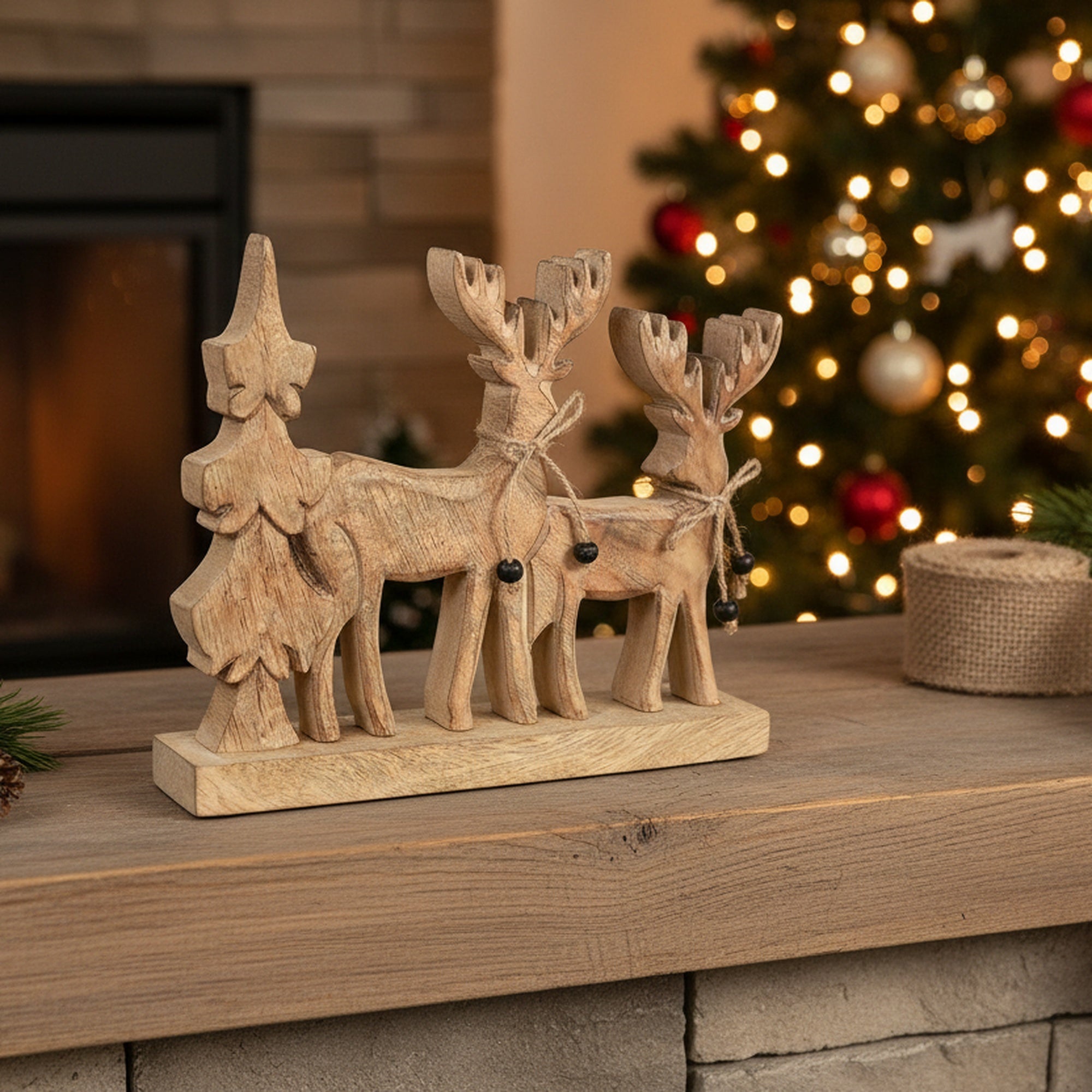 Wood Carved Reindeer with Tree Decor Small, Christmas, Holiday Decor