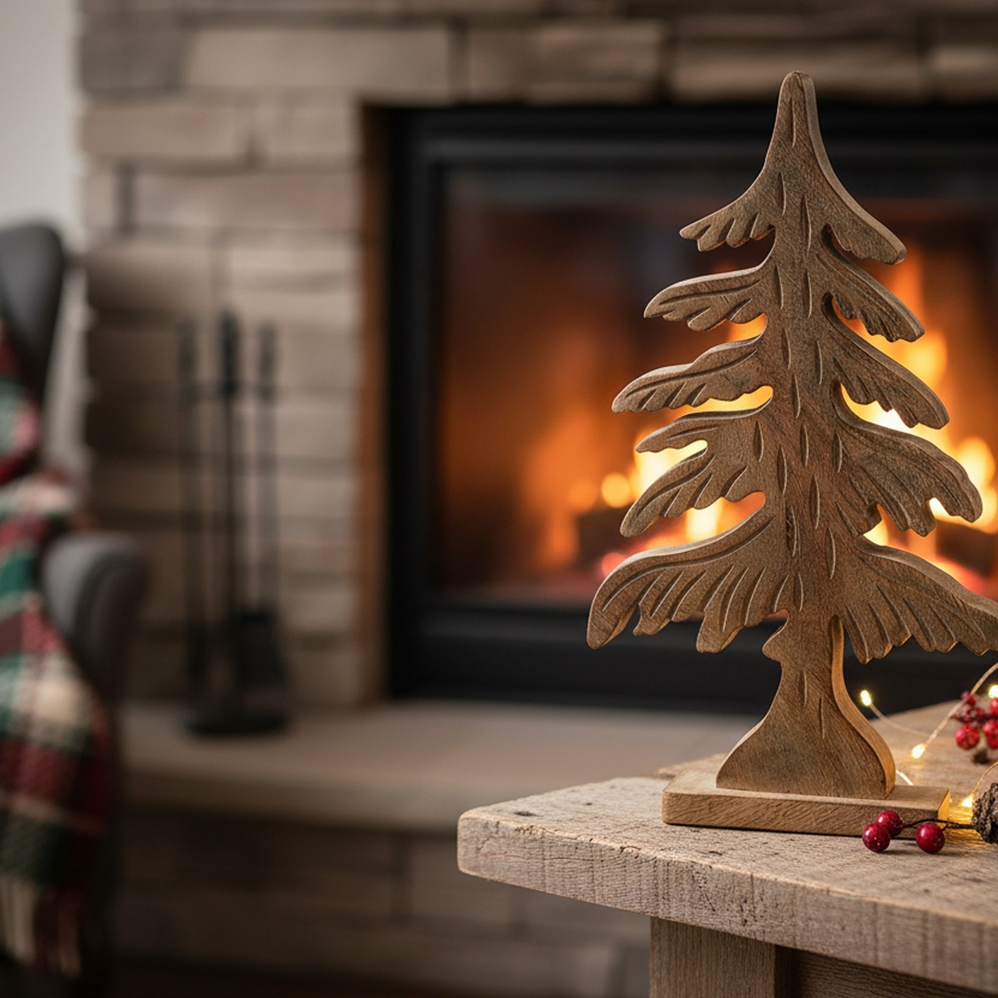 Wood Carved Spruce Tree Decor Large, Holiday Decor