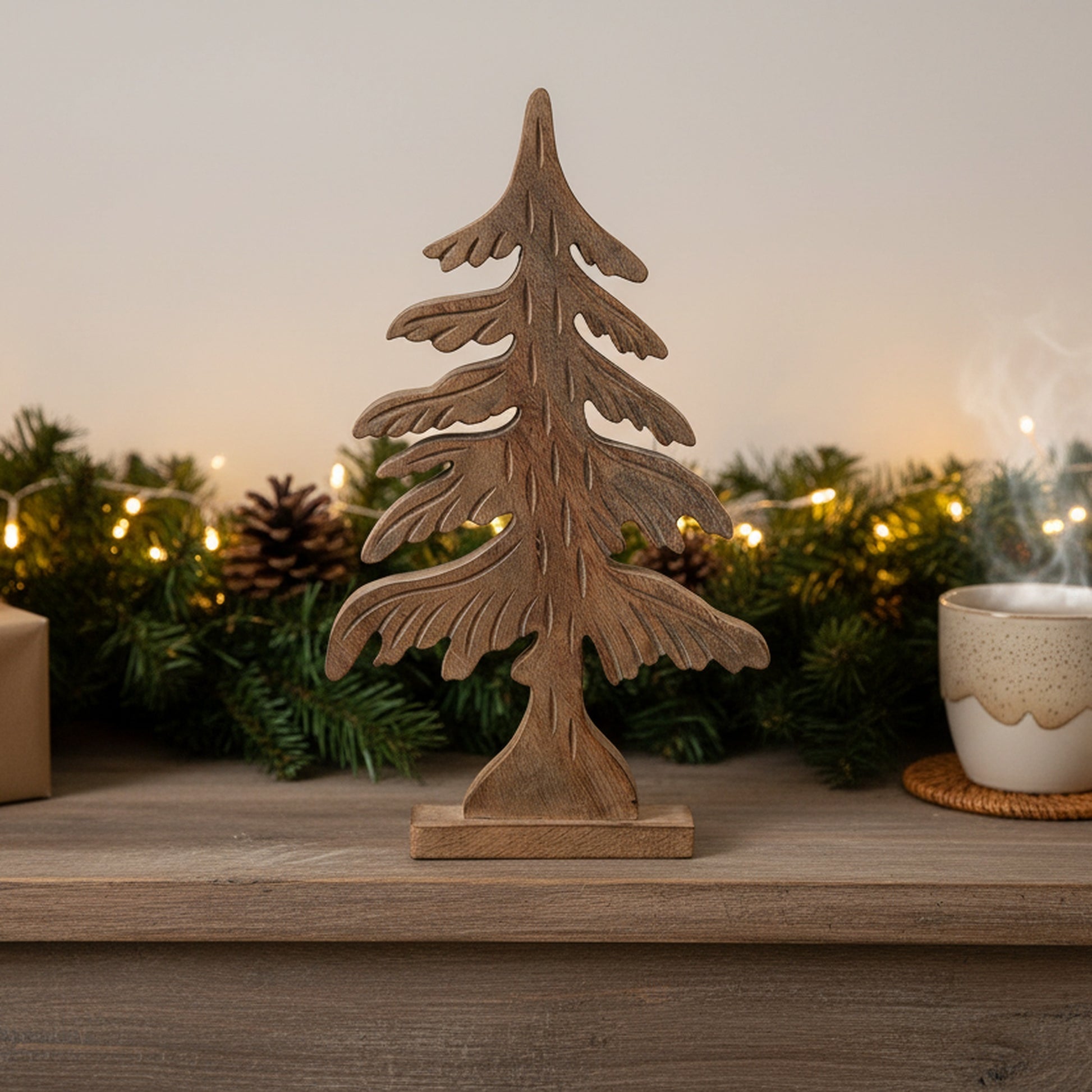 Wood Carved Spruce Tree Decor Large, Holiday Decor