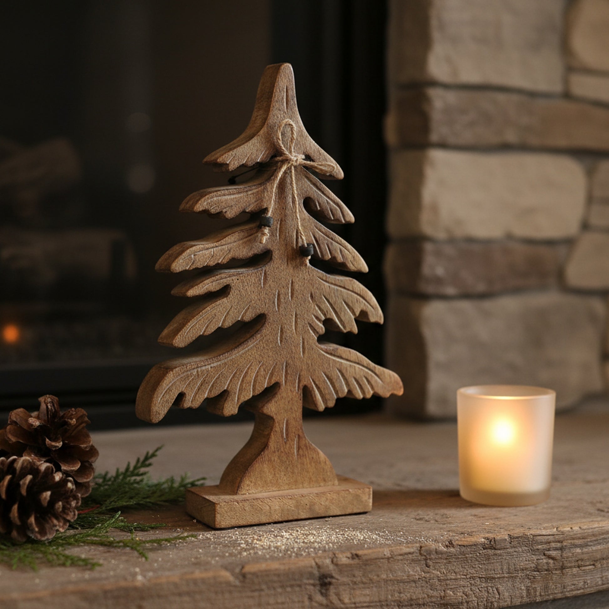Wood Carved Spruce Tree Decor Small, Holiday Decor