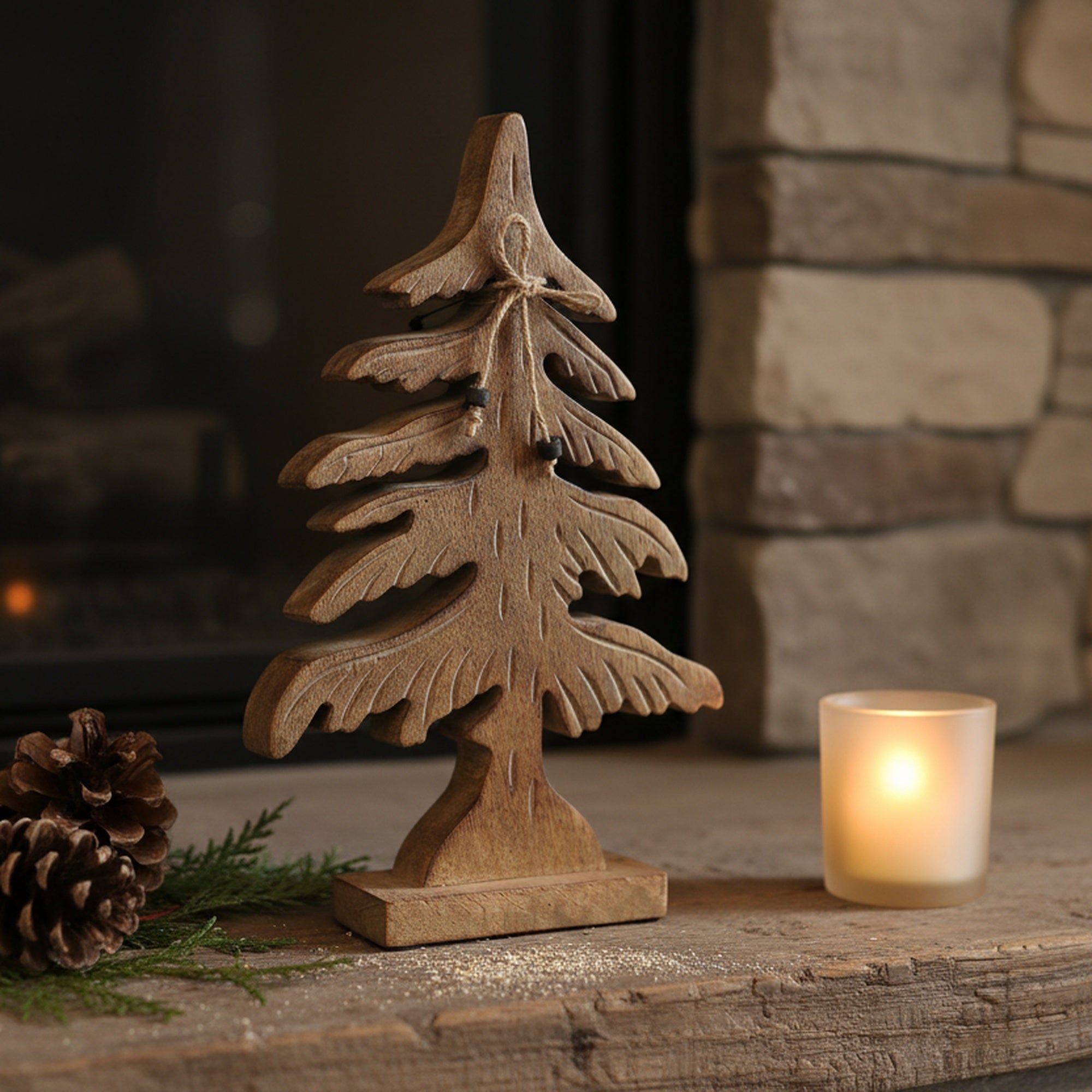 Wood Carved Spruce Tree Decor Small, Holiday Decor