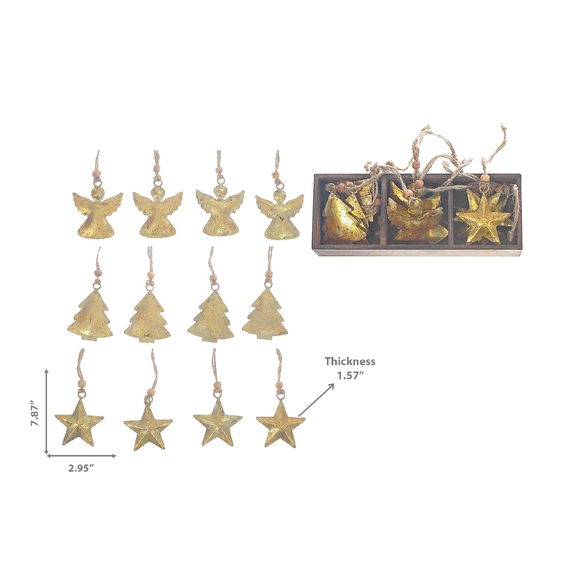 Gold Metal Angel Tree Star Christmas Ornaments, Holiday Tree Decorations, Shiny Festive Metal Ornaments, Set of 12