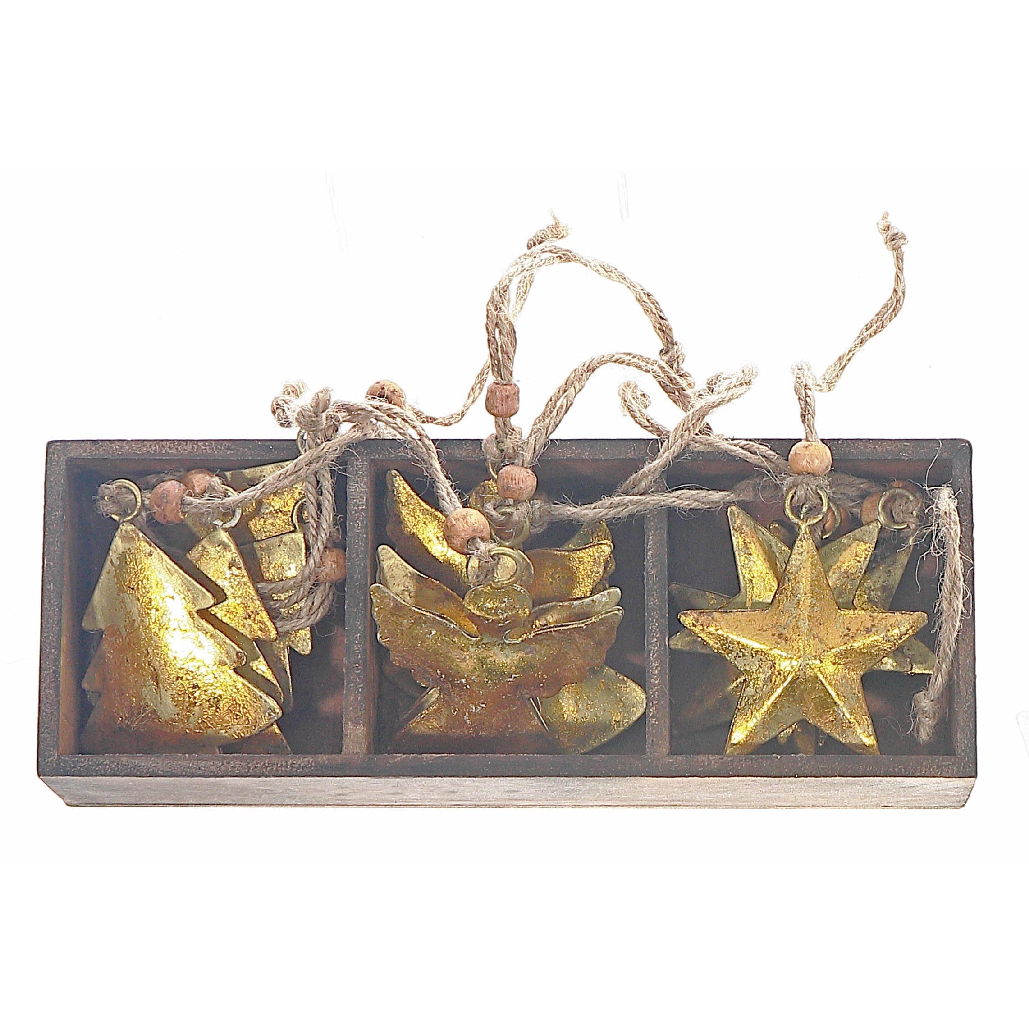 Gold Metal Angel Tree Star Christmas Ornaments, Holiday Tree Decorations, Shiny Festive Metal Ornaments, Set of 12