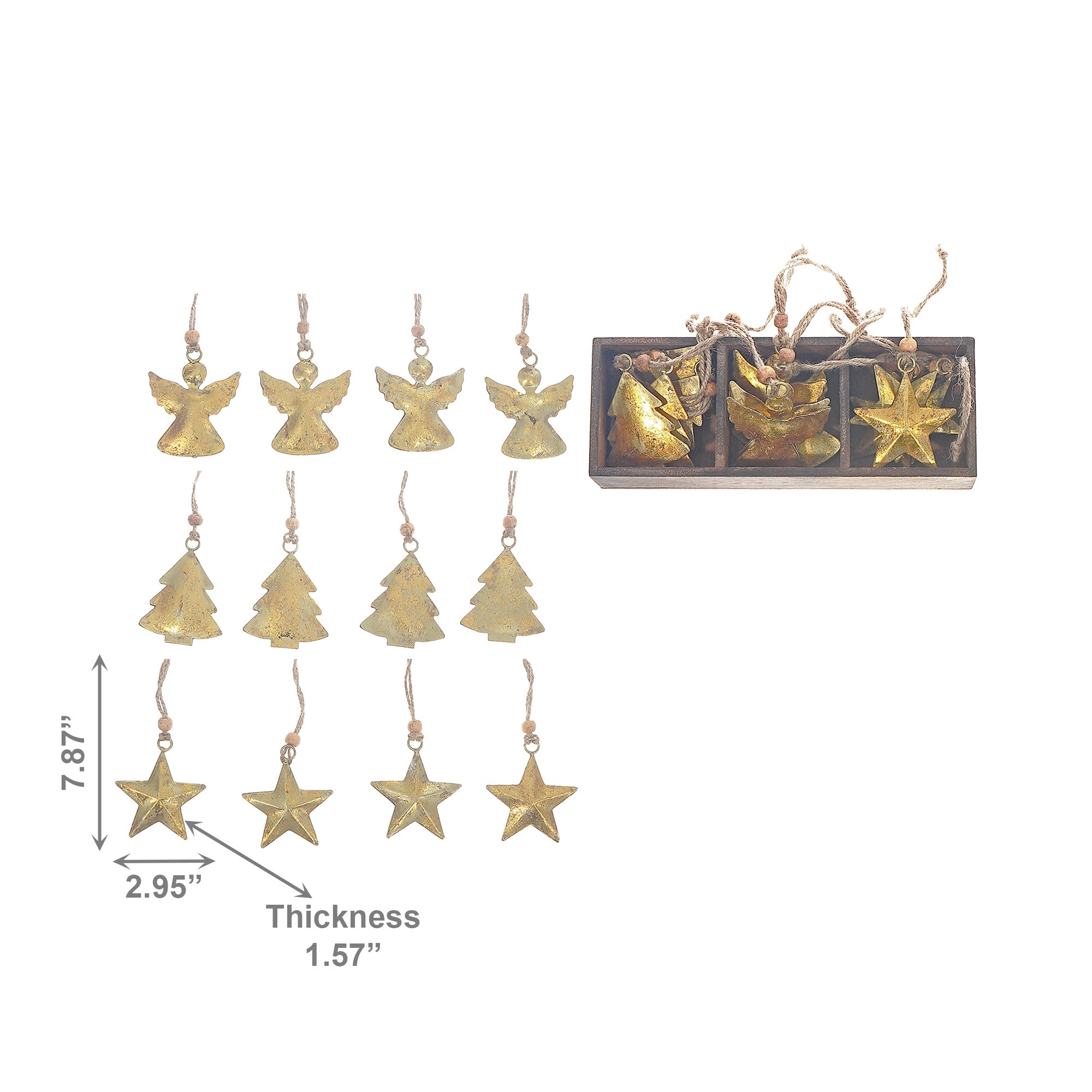 Metal Ornament Angel/Tree/Star Set of 12 Assorted Gold, Ornament, Holiday Decor
