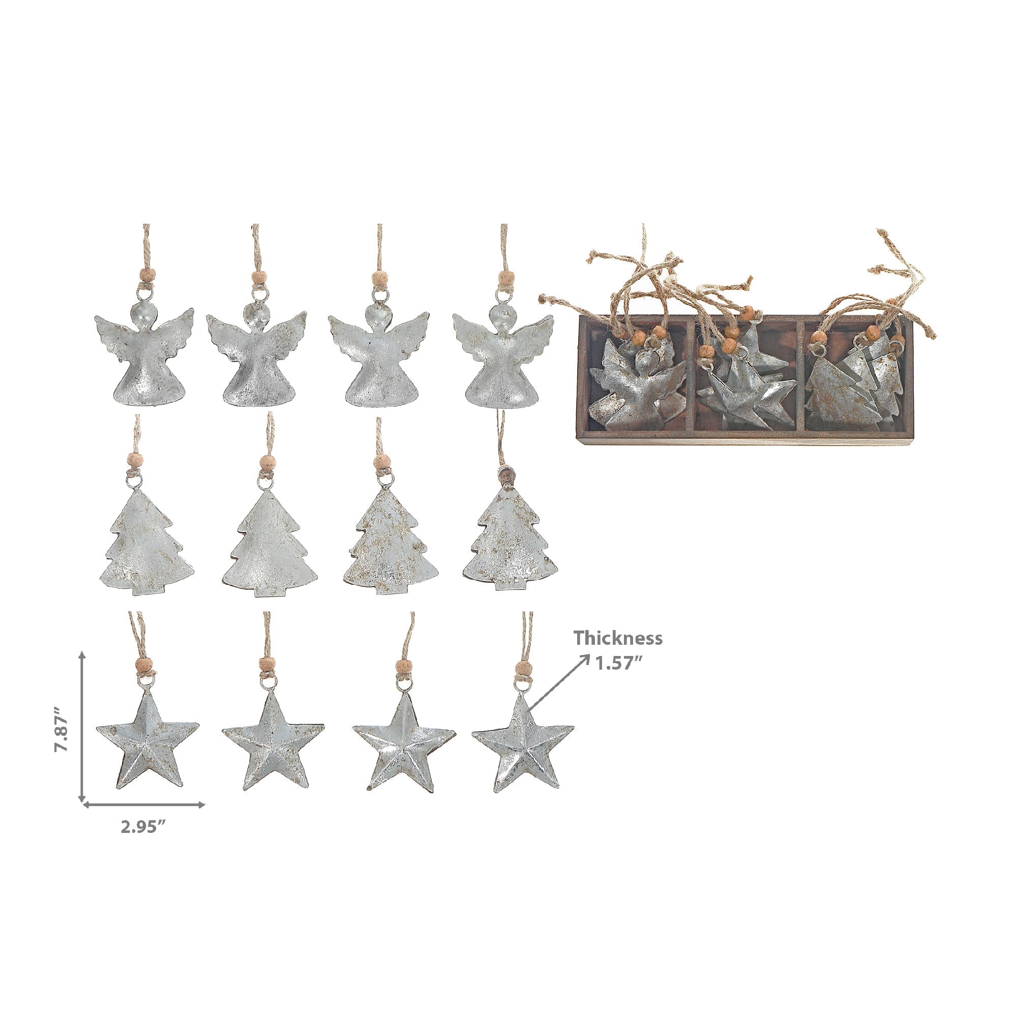 Silver Metal Angel Tree Star Christmas Ornaments, Holiday Tree Decorations, Shiny Festive Metal Ornaments, Set of 12