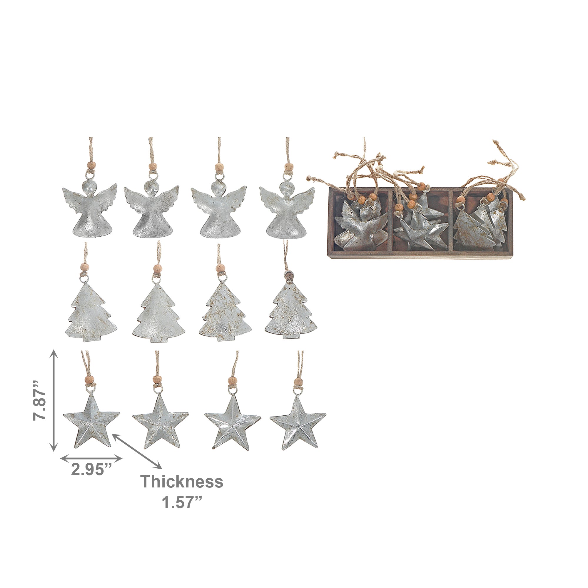 Metal Ornament Angel/Tree/Star Set of 12 Assorted Silver, Ornament, Holiday Decor