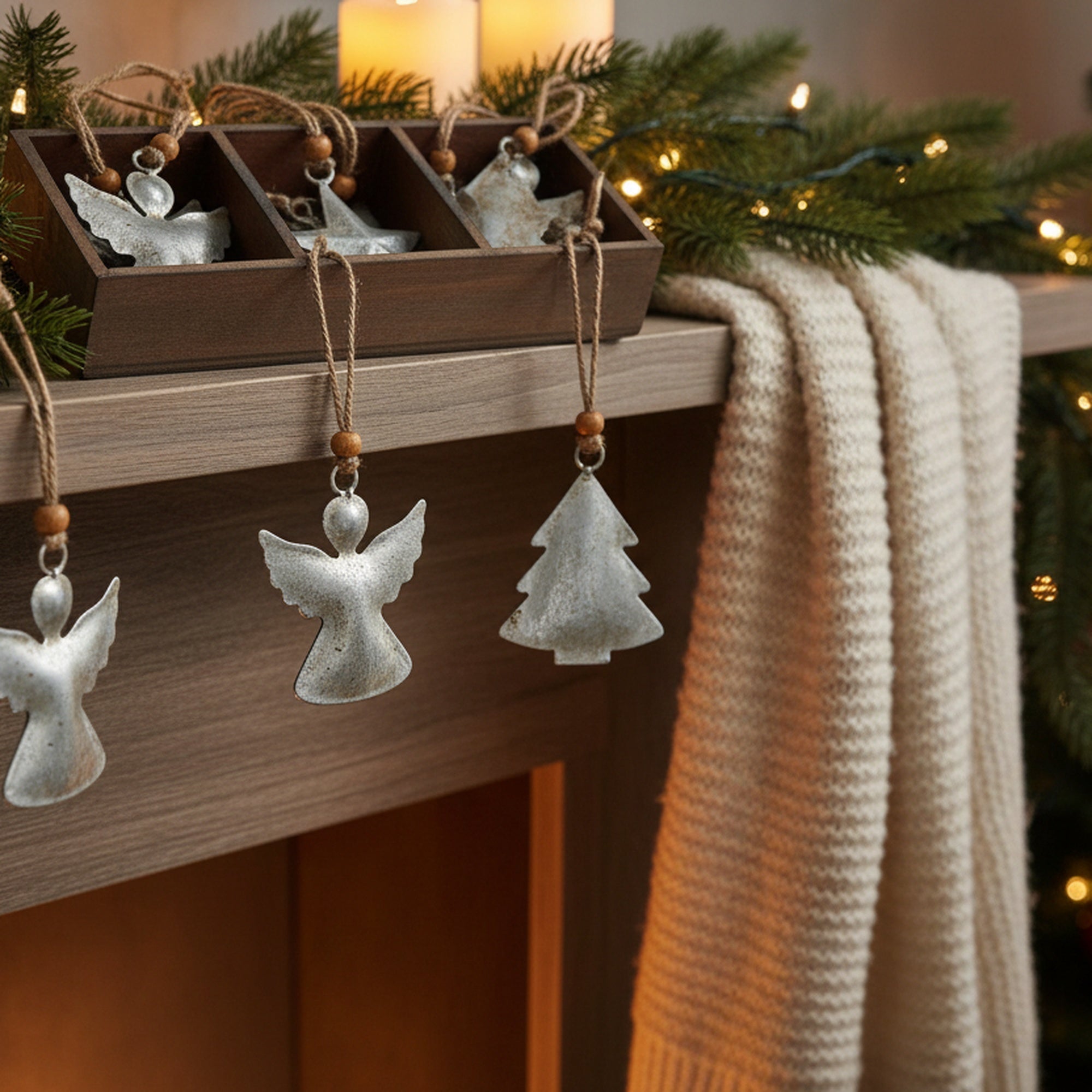 Metal Ornament Angel/Tree/Star Set of 12 Assorted Silver, Ornament, Holiday Decor