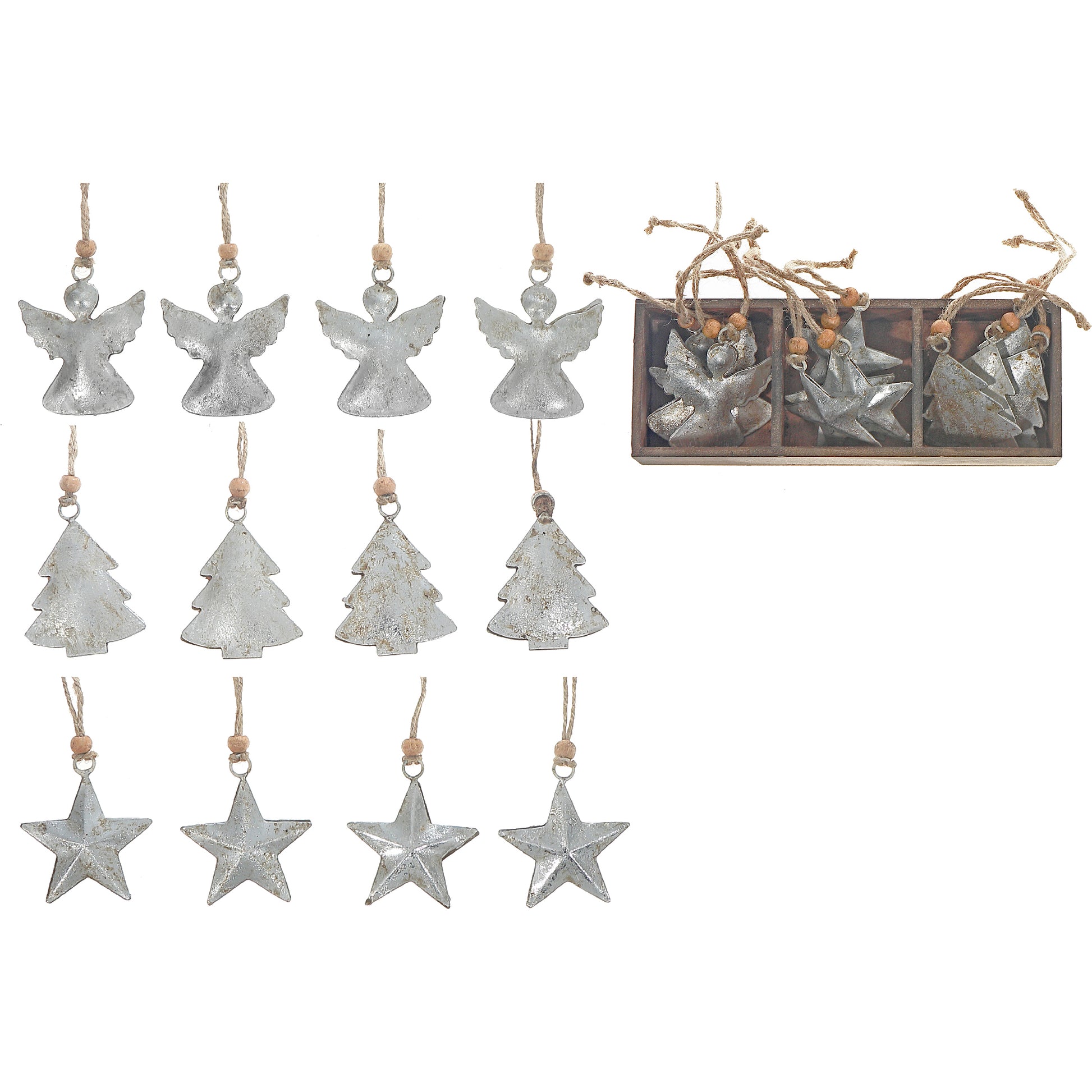 Metal Ornament Angel/Tree/Star Set of 12 Assorted Silver, Ornament, Holiday Decor