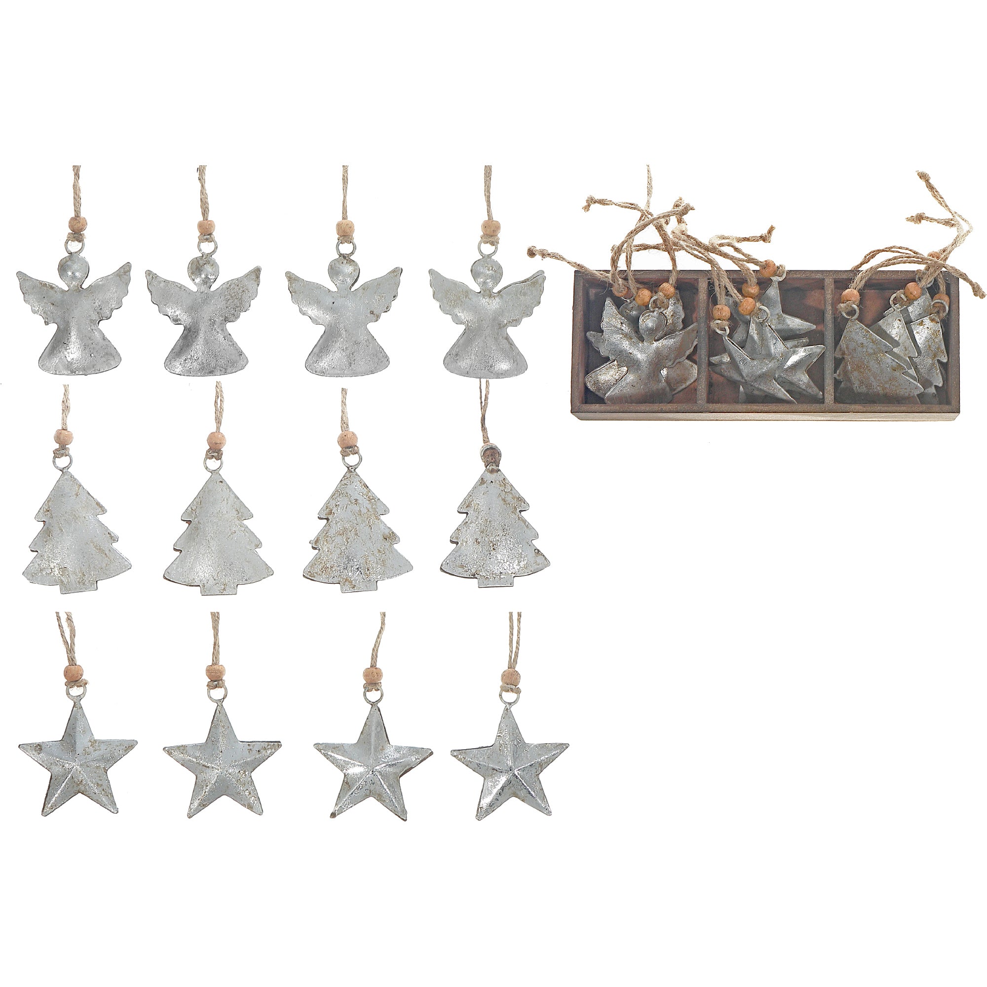 Metal Ornament Angel/Tree/Star Set of 12 Assorted Silver, Ornament, Holiday Decor
