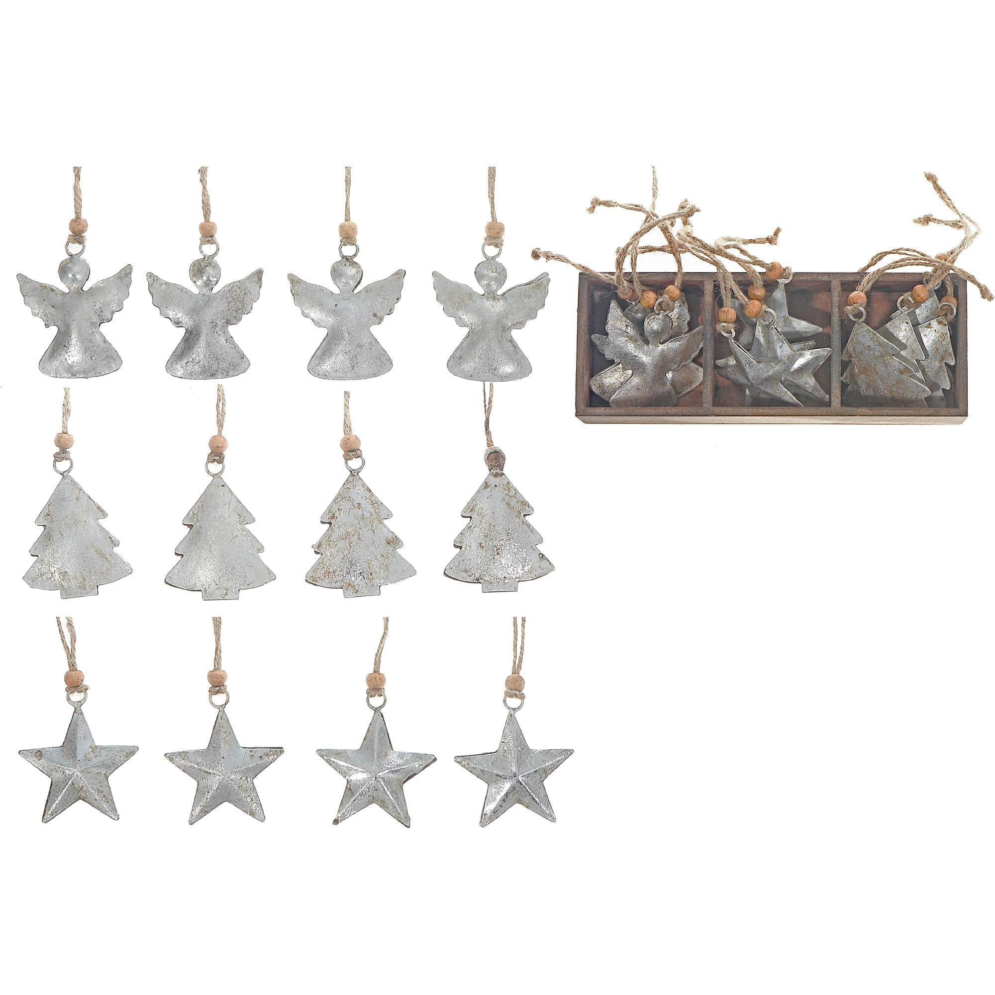Silver Metal Angel Tree Star Christmas Ornaments, Holiday Tree Decorations, Shiny Festive Metal Ornaments, Set of 12