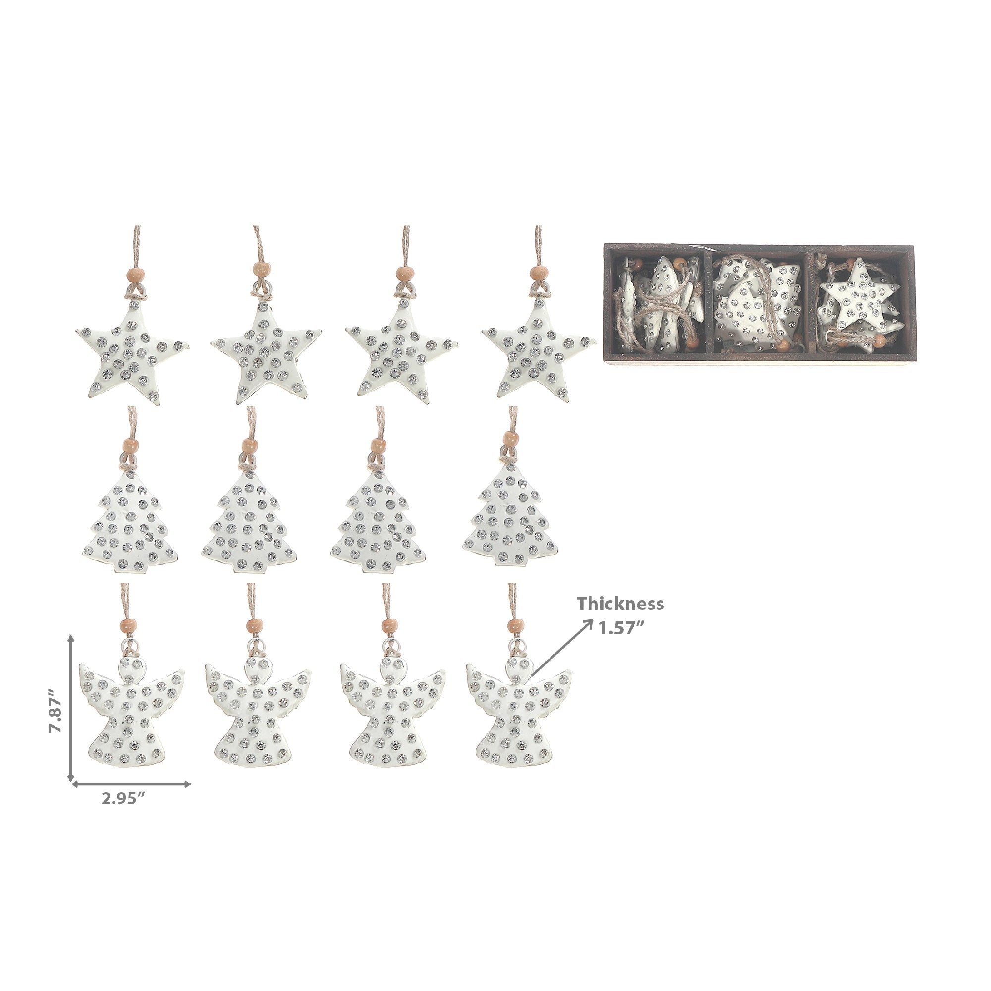 Gem Studded Metal Christmas Ornaments, Angel Tree Star Shapes, Assorted Holiday Tree Decorations, Set of 12