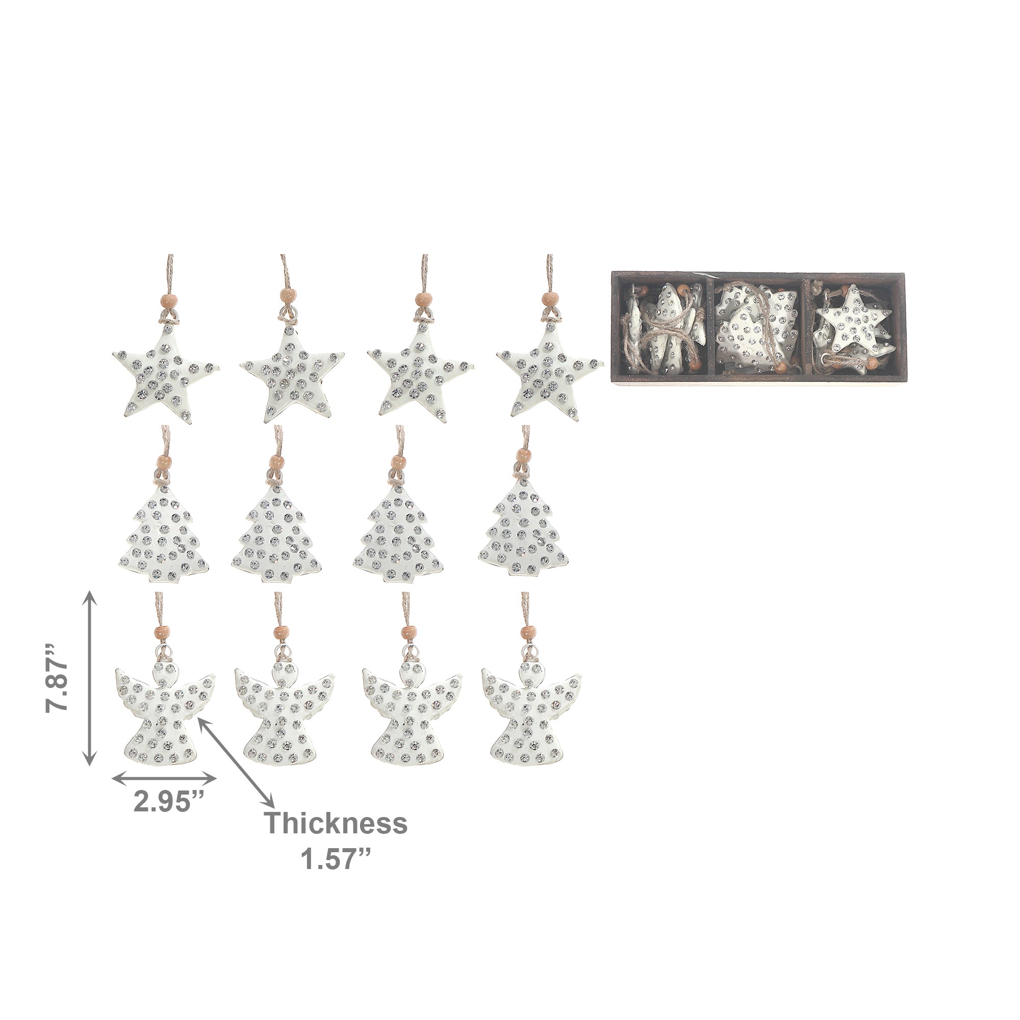 Gem Studded Metal Ornament Angel/Tree/Star Set of 12 Assorted, Ornament, Holiday Decor