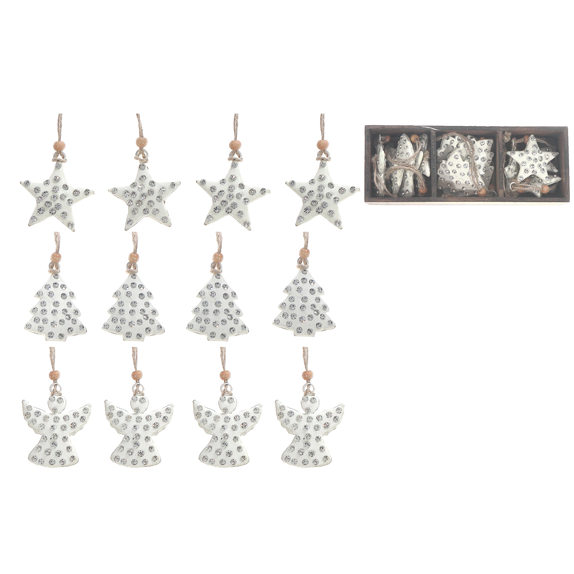 Gem Studded Metal Ornament Angel/Tree/Star Set of 12 Assorted, Ornament, Holiday Decor
