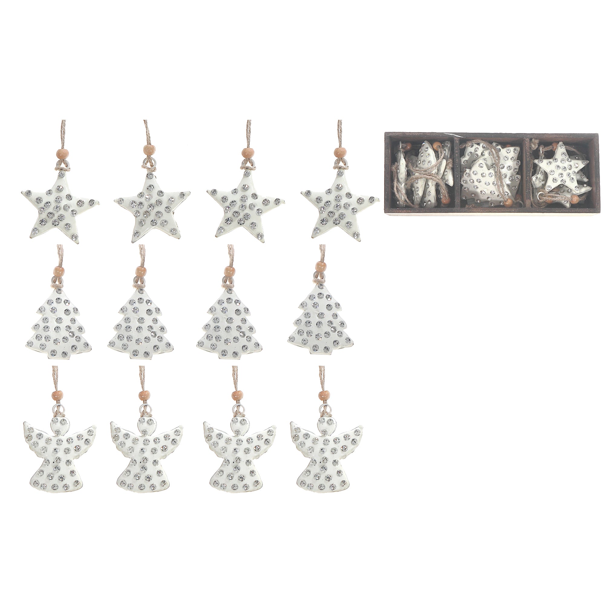 Gem Studded Metal Ornament Angel/Tree/Star Set of 12 Assorted, Ornament, Holiday Decor