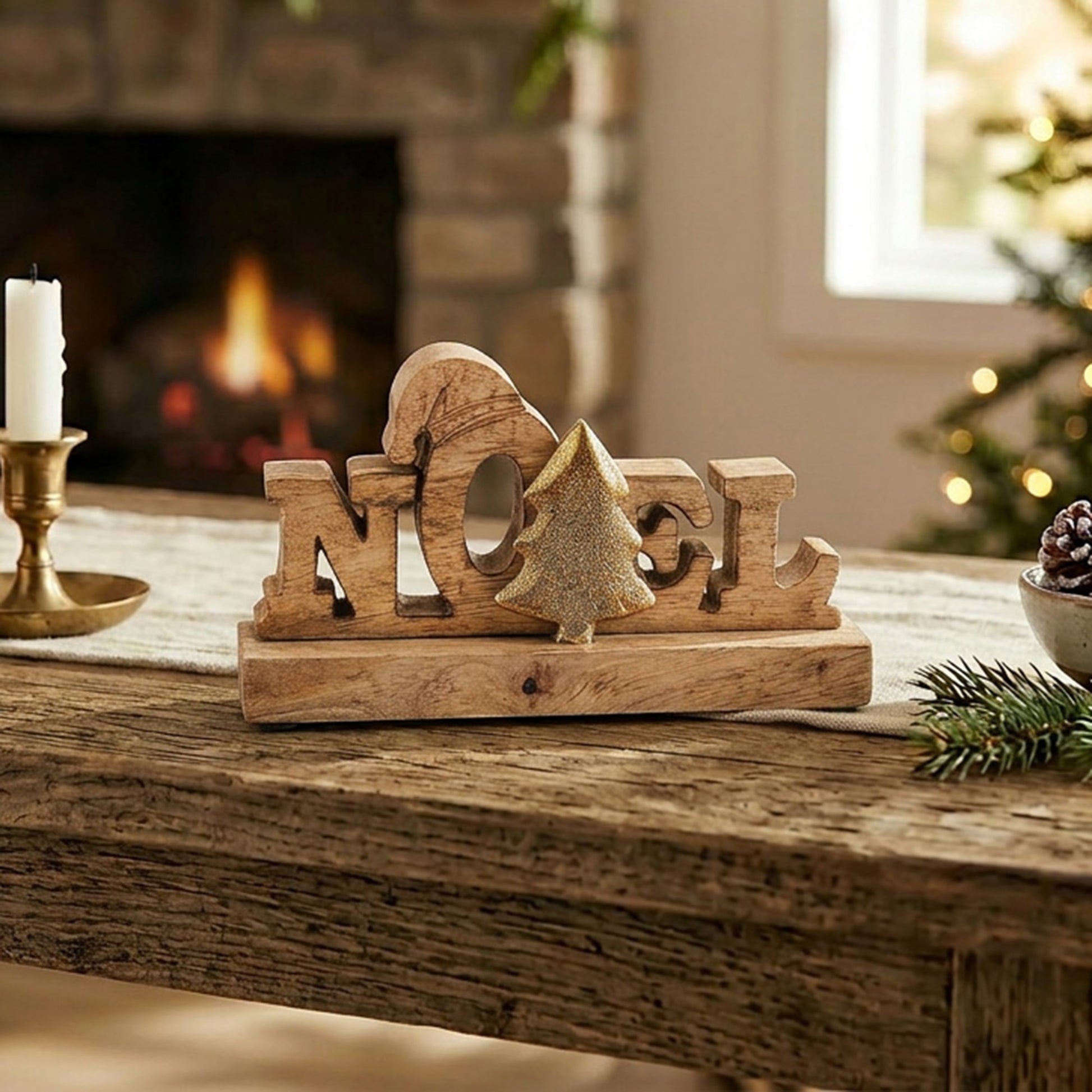 Wooden Noel Decor with Gold Tree Accent, Christmas, Holiday Decor