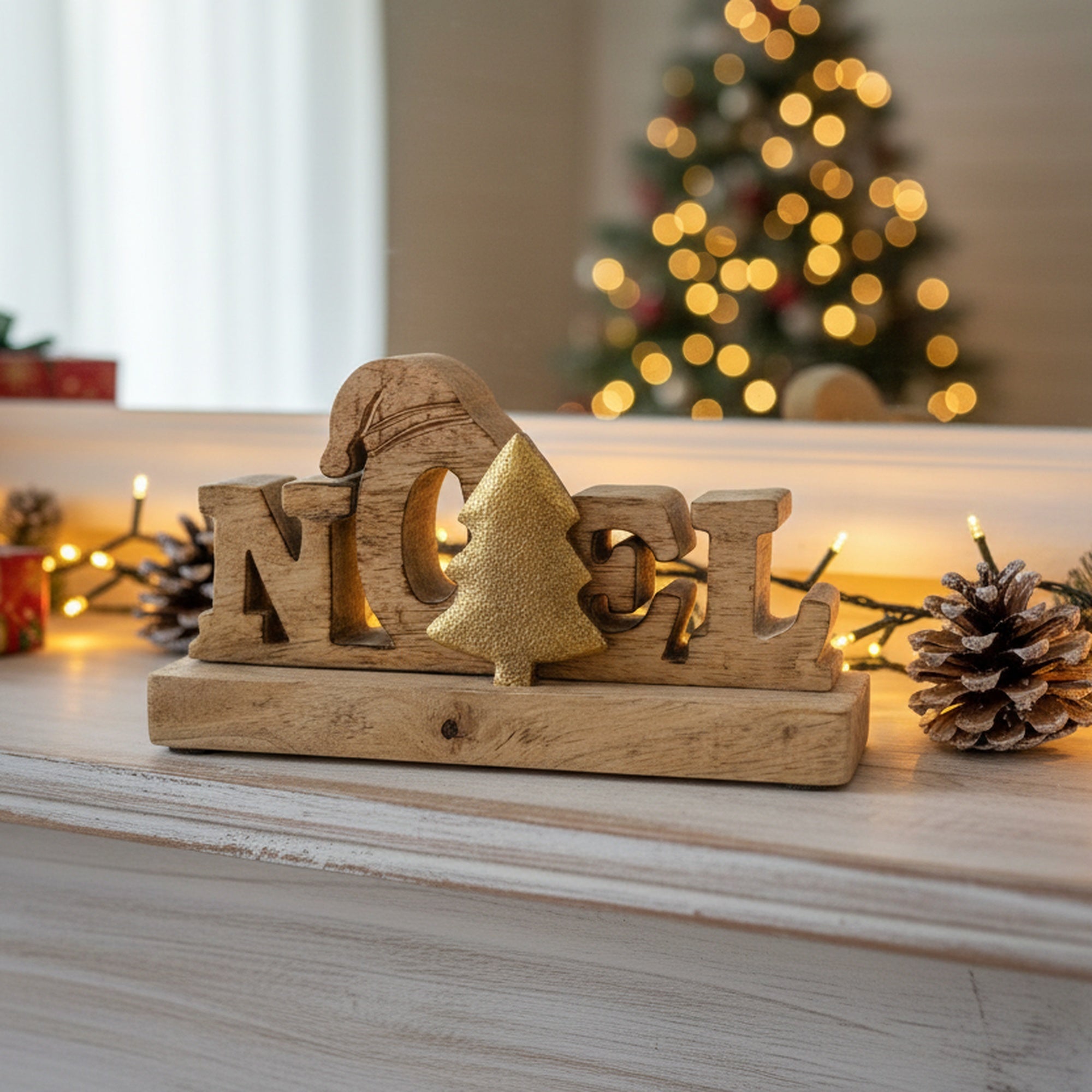Wooden Noel Decor with Gold Tree Accent, Christmas, Holiday Decor
