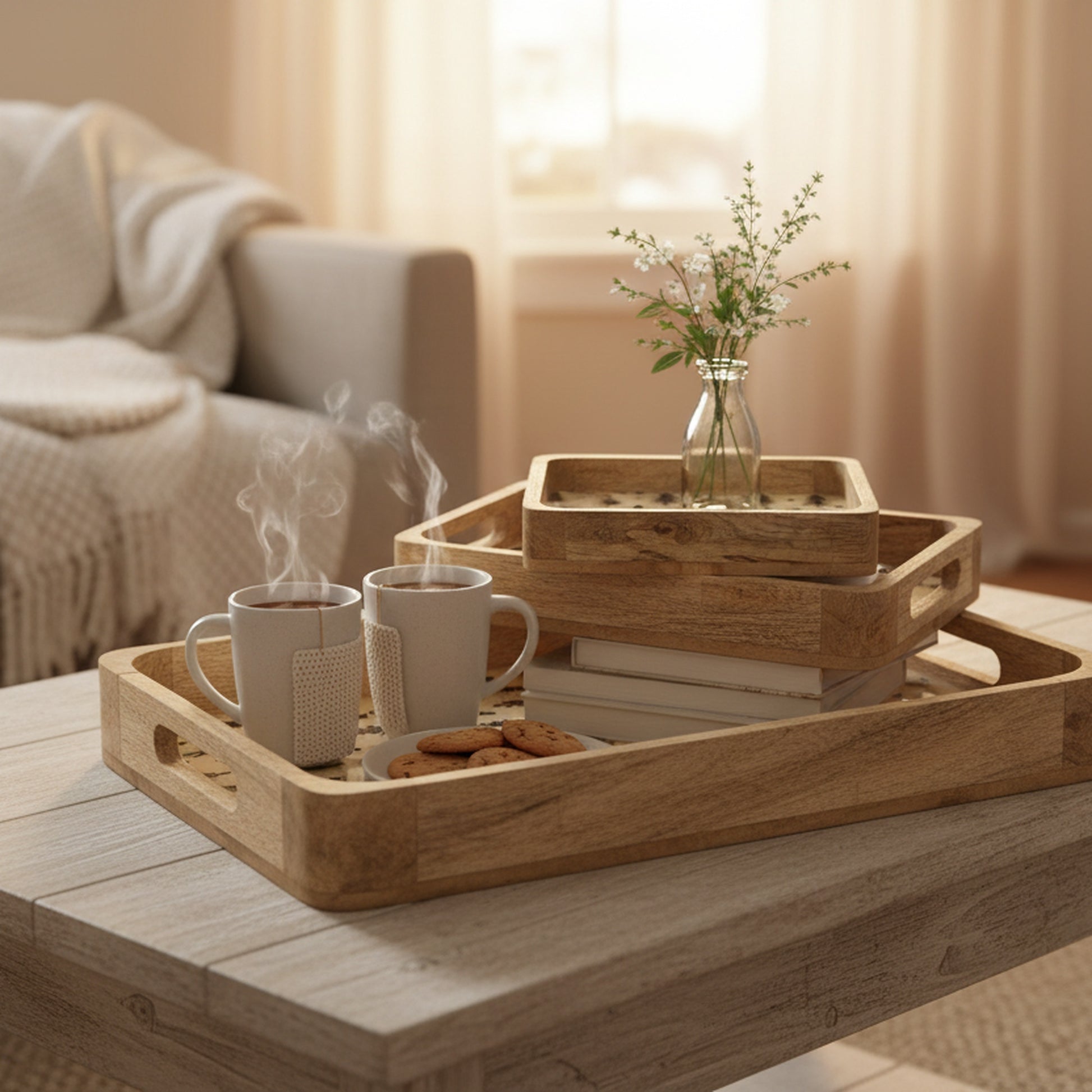 Wooden Enamel Coated Tray Trees Set of 3, Holiday Decor