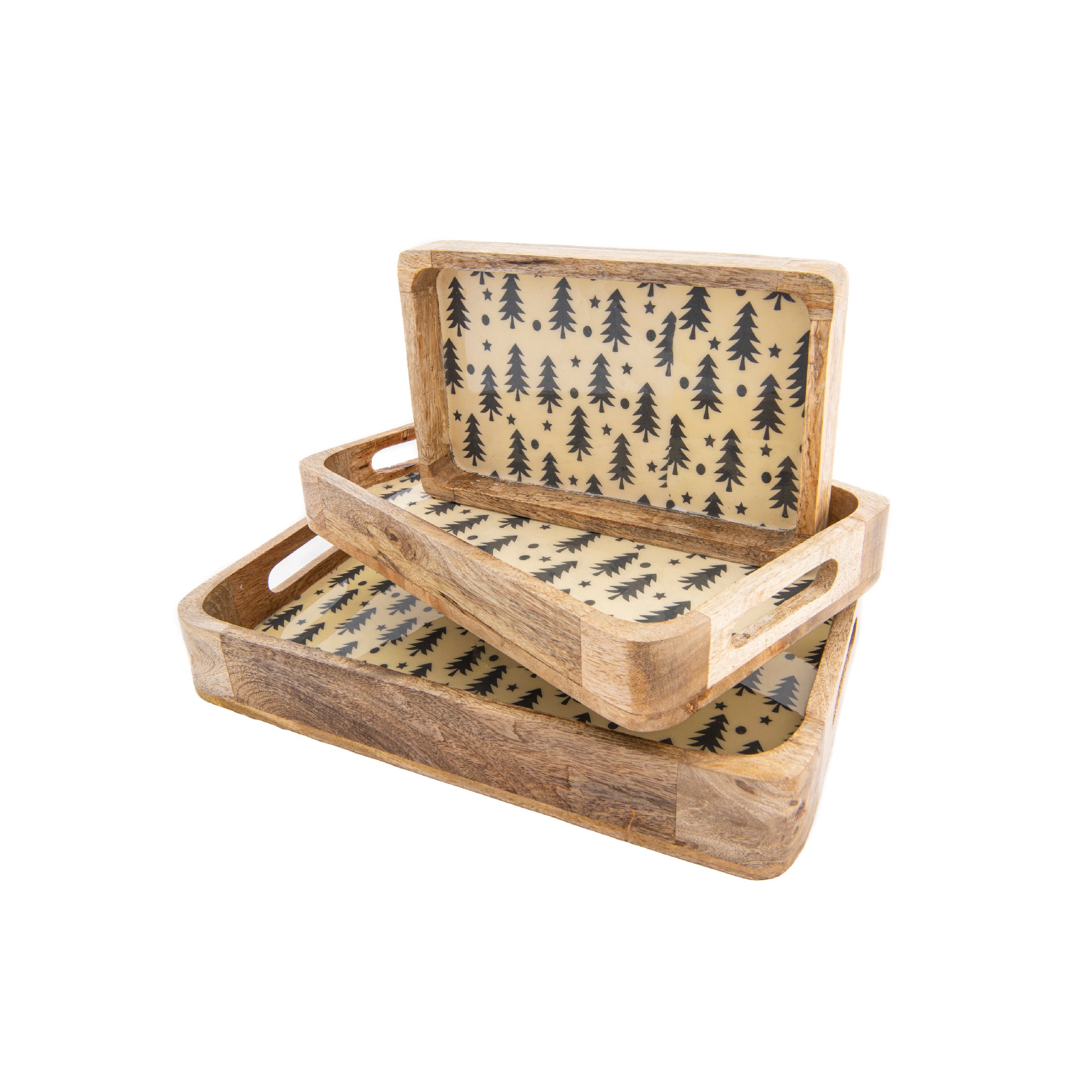 Wooden Enamel Coated Tray Trees Set of 3, Holiday Decor