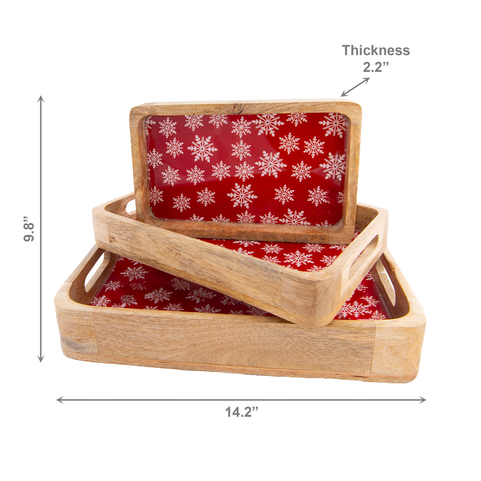 Wooden Enamel Coated Tray Snowflakes Set of 3, Holiday Decor