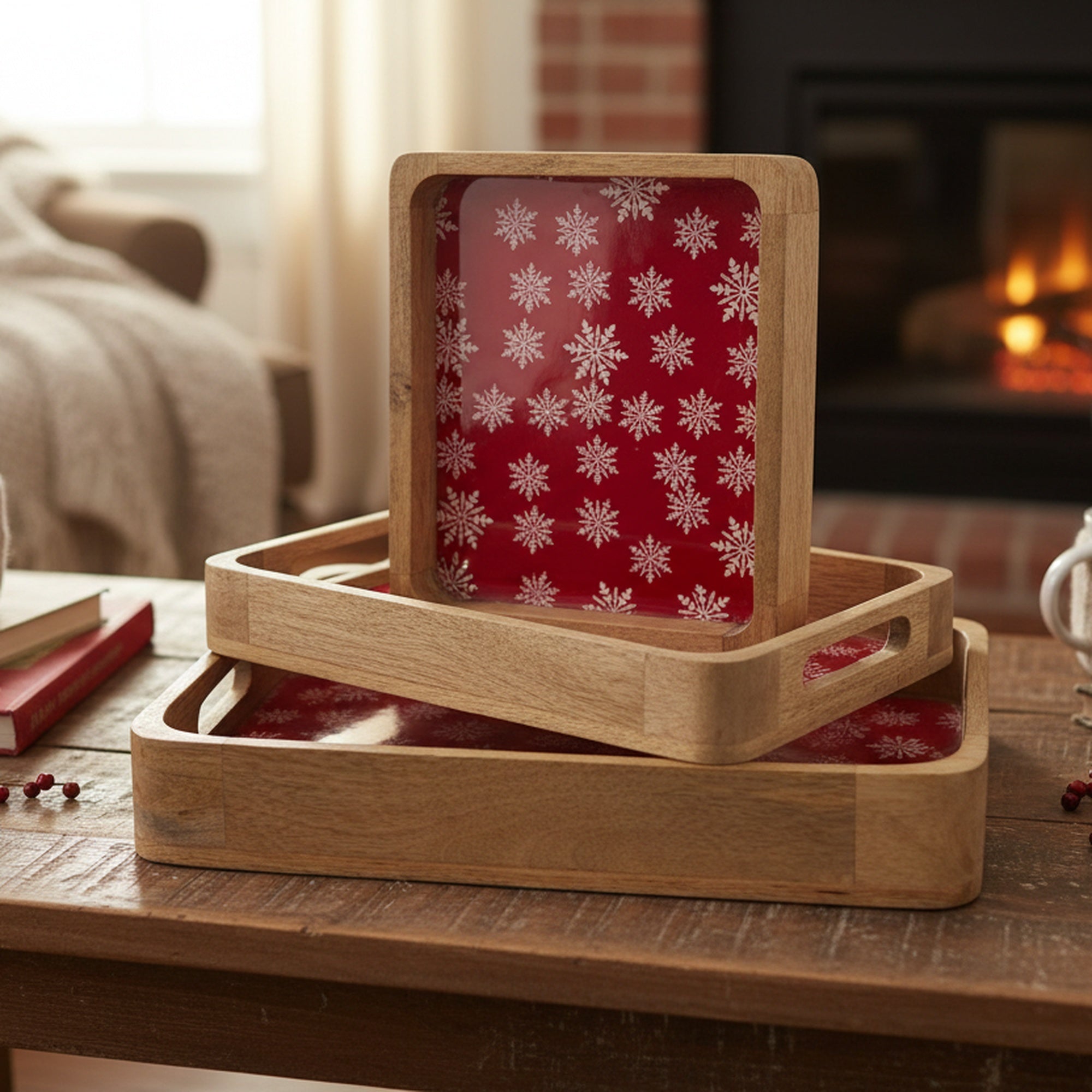 Wooden Enamel Coated Tray Snowflakes Set of 3, Holiday Decor