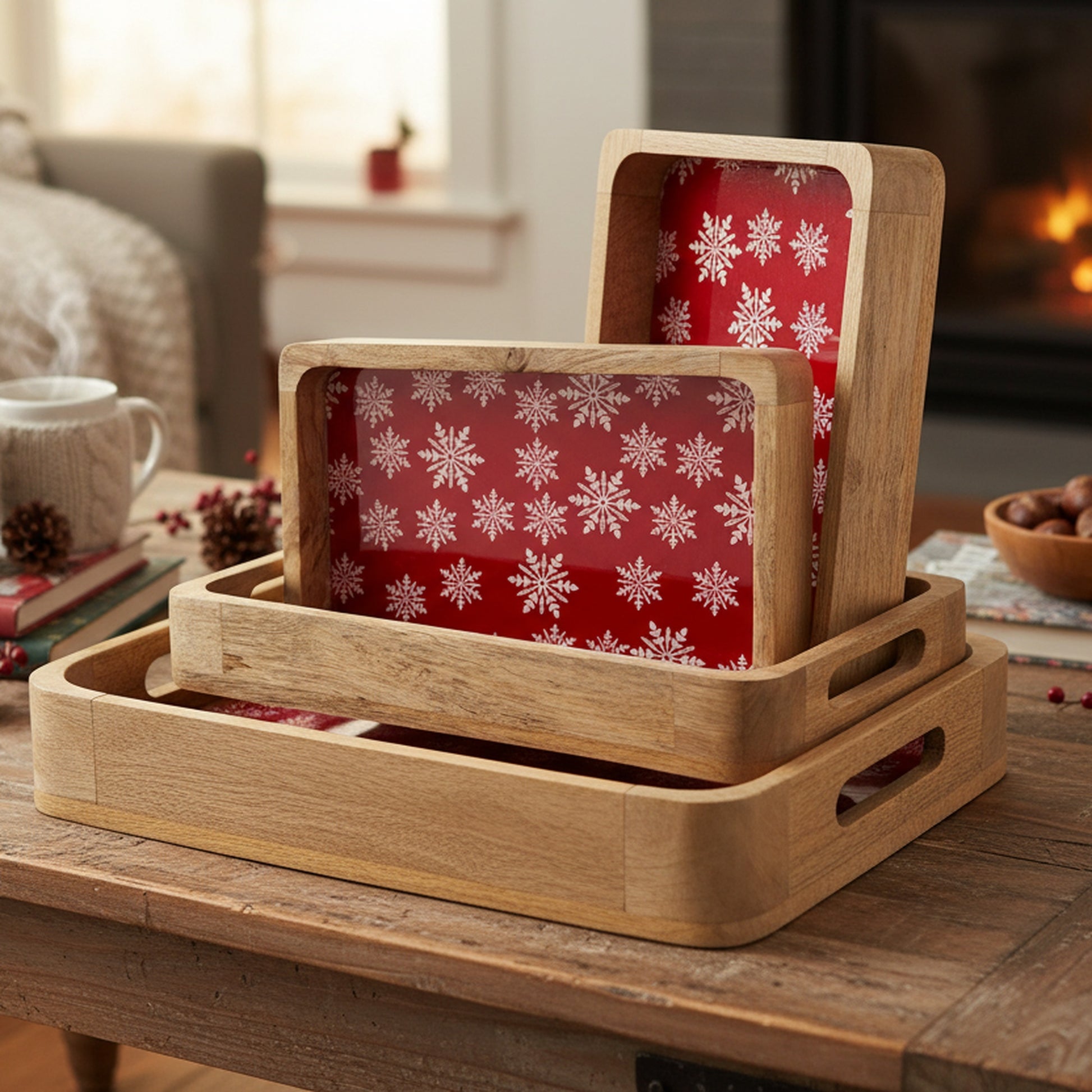 Wooden Enamel Coated Tray Snowflakes Set of 3, Holiday Decor