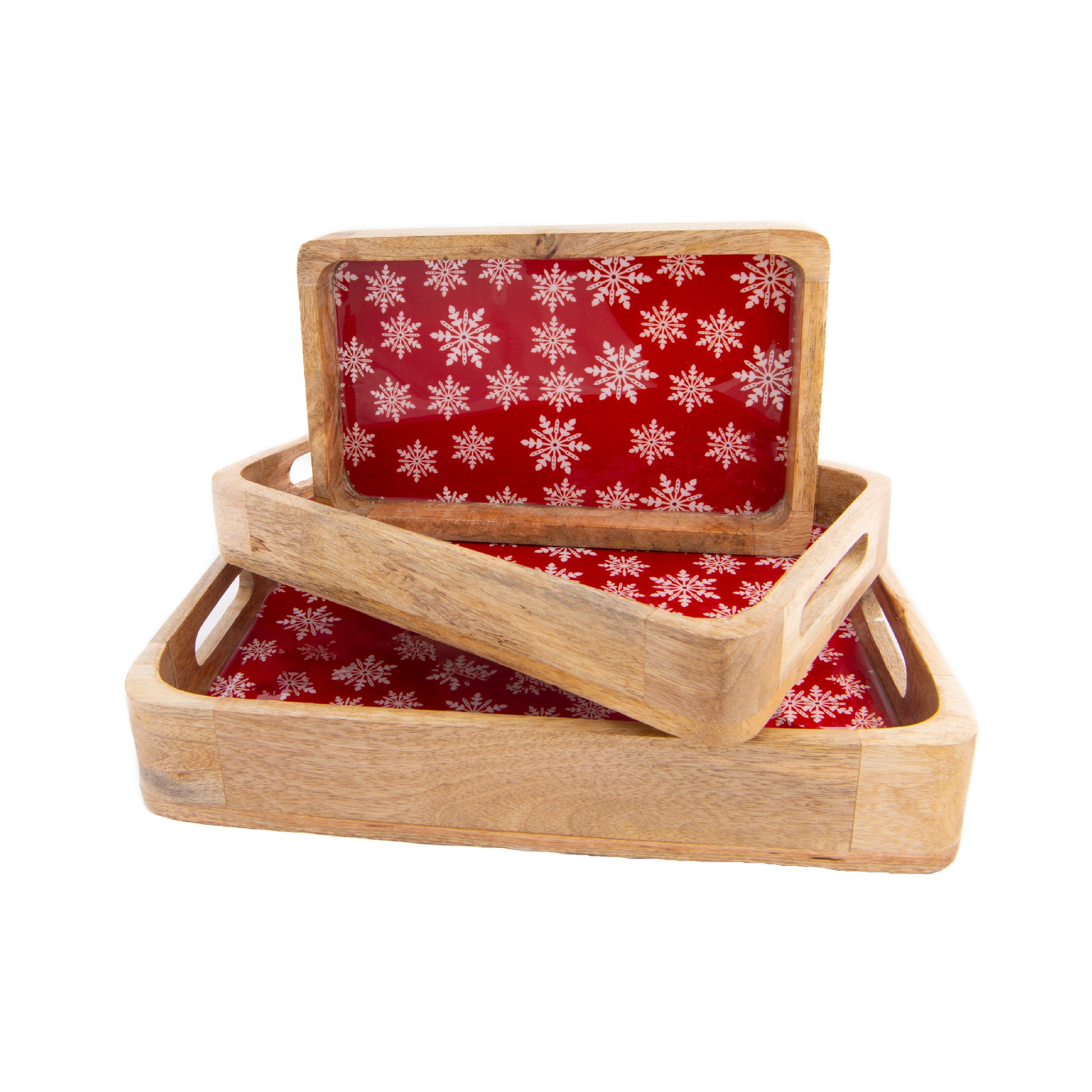 Wooden Enamel Coated Tray Snowflakes Set of 3, Holiday Decor