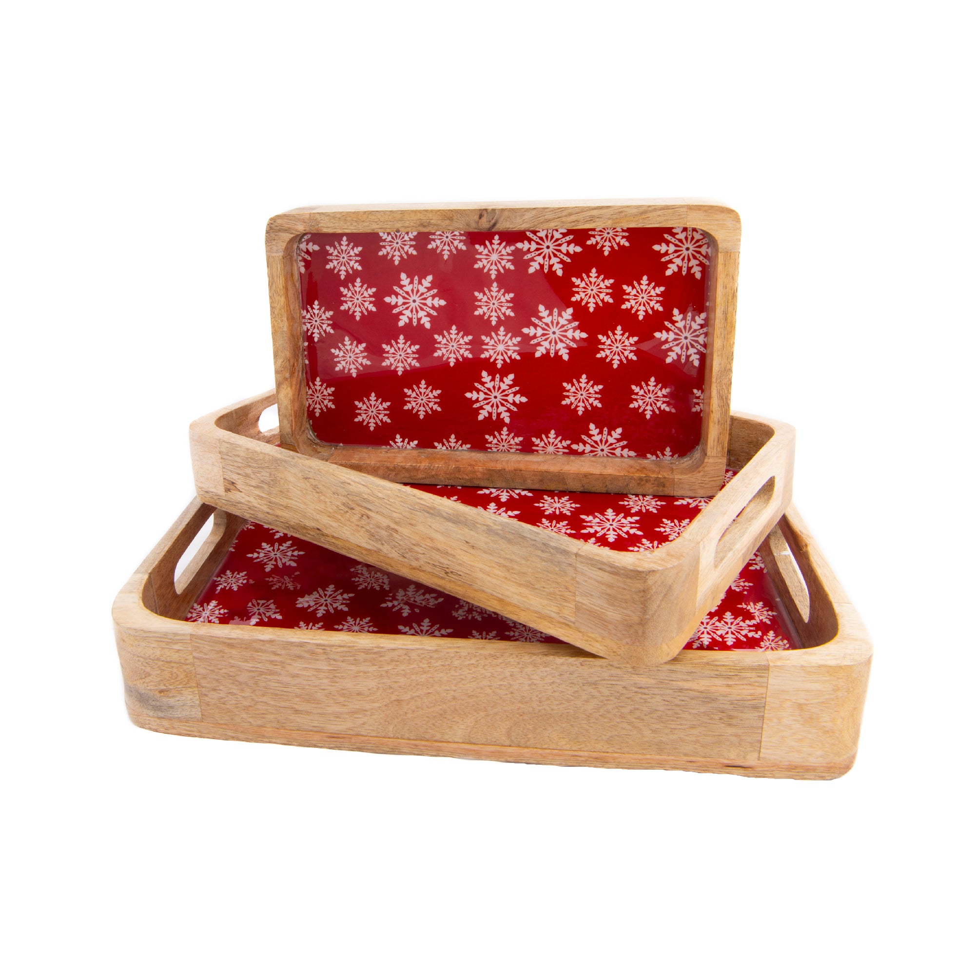 Wooden Enamel Coated Tray Snowflakes Set of 3, Holiday Decor