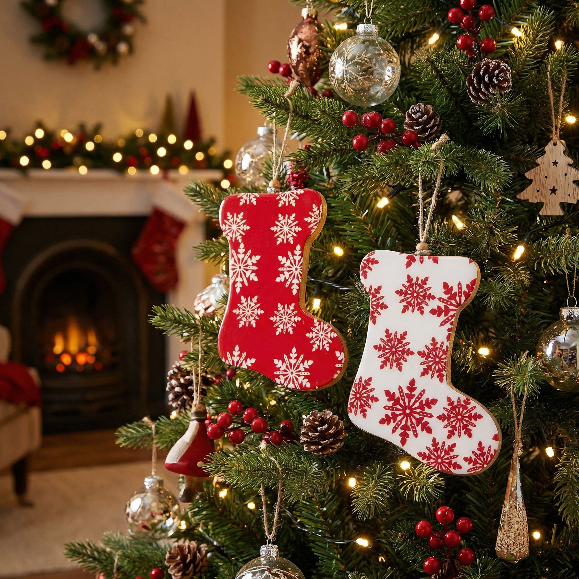 Wooden Enamel Coated Stocking Ornament Assorted, Christmas, Stocking, Holiday Decor- Set of 2