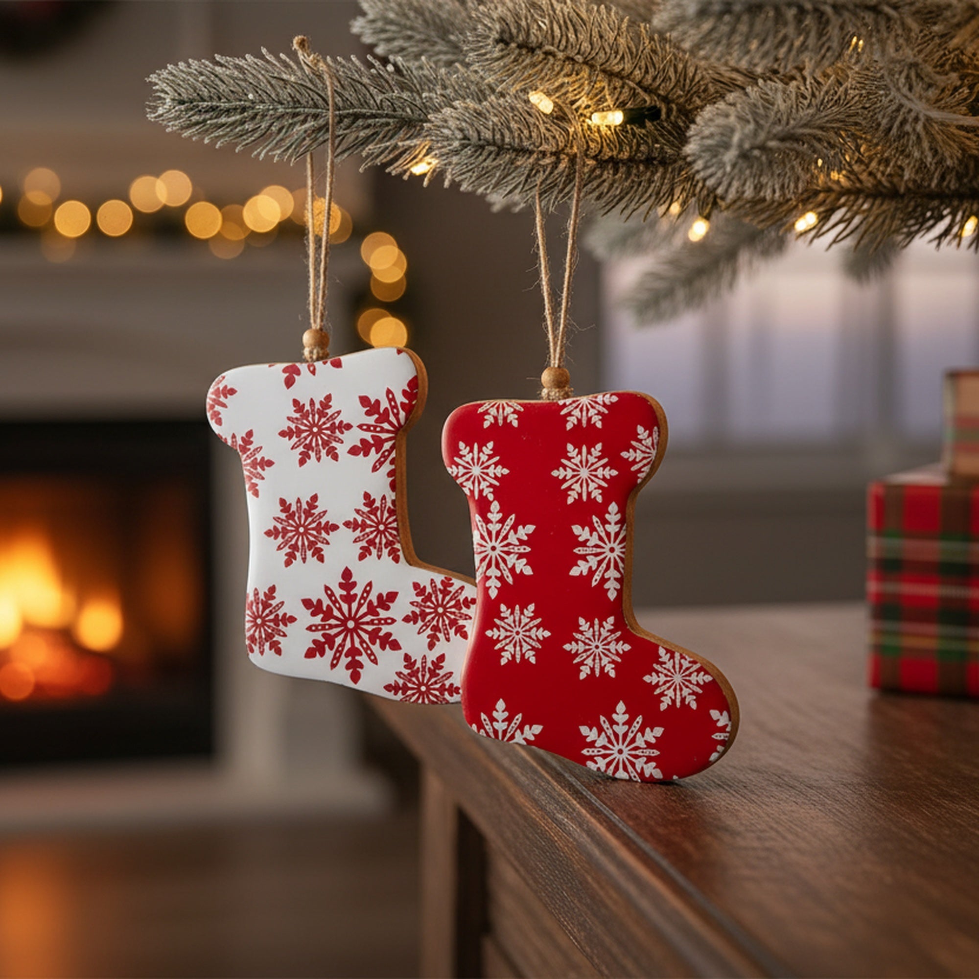 Wooden Enamel Coated Stocking Ornament Assorted, Christmas, Stocking, Holiday Decor- Set of 2