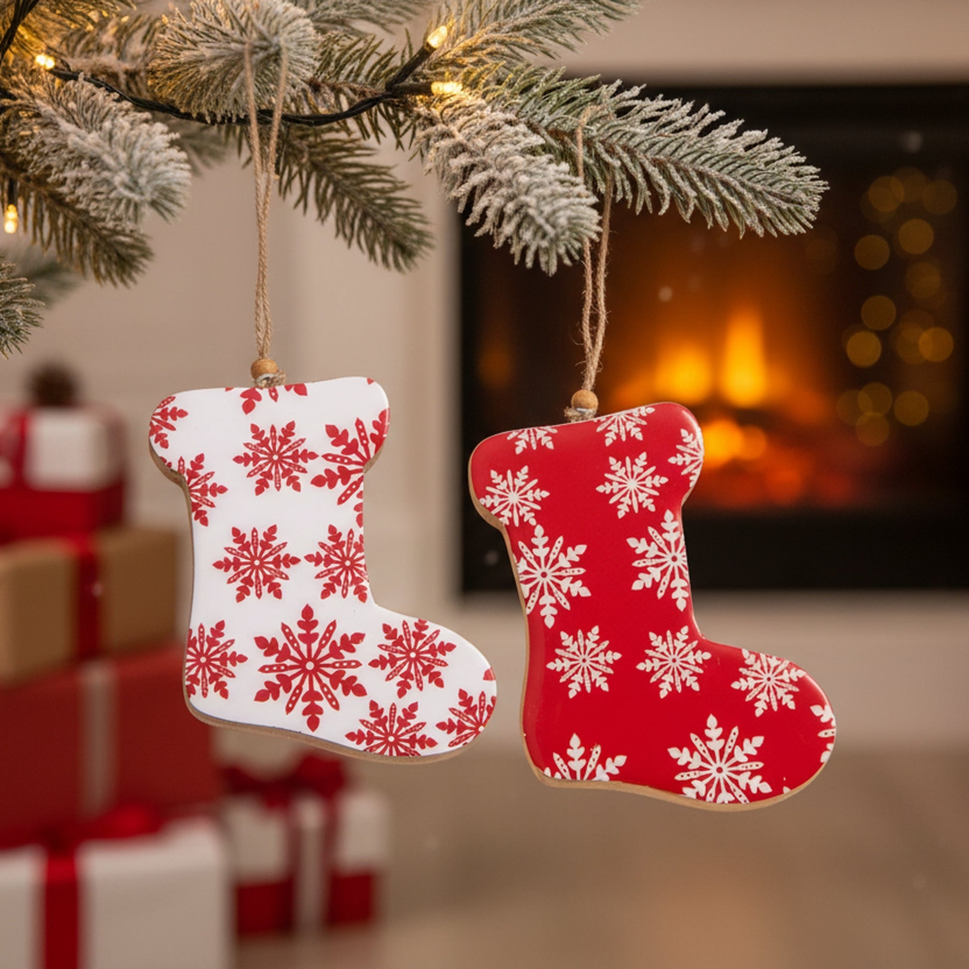 Wooden Enamel Coated Stocking Ornament Assorted, Christmas, Stocking, Holiday Decor- Set of 2