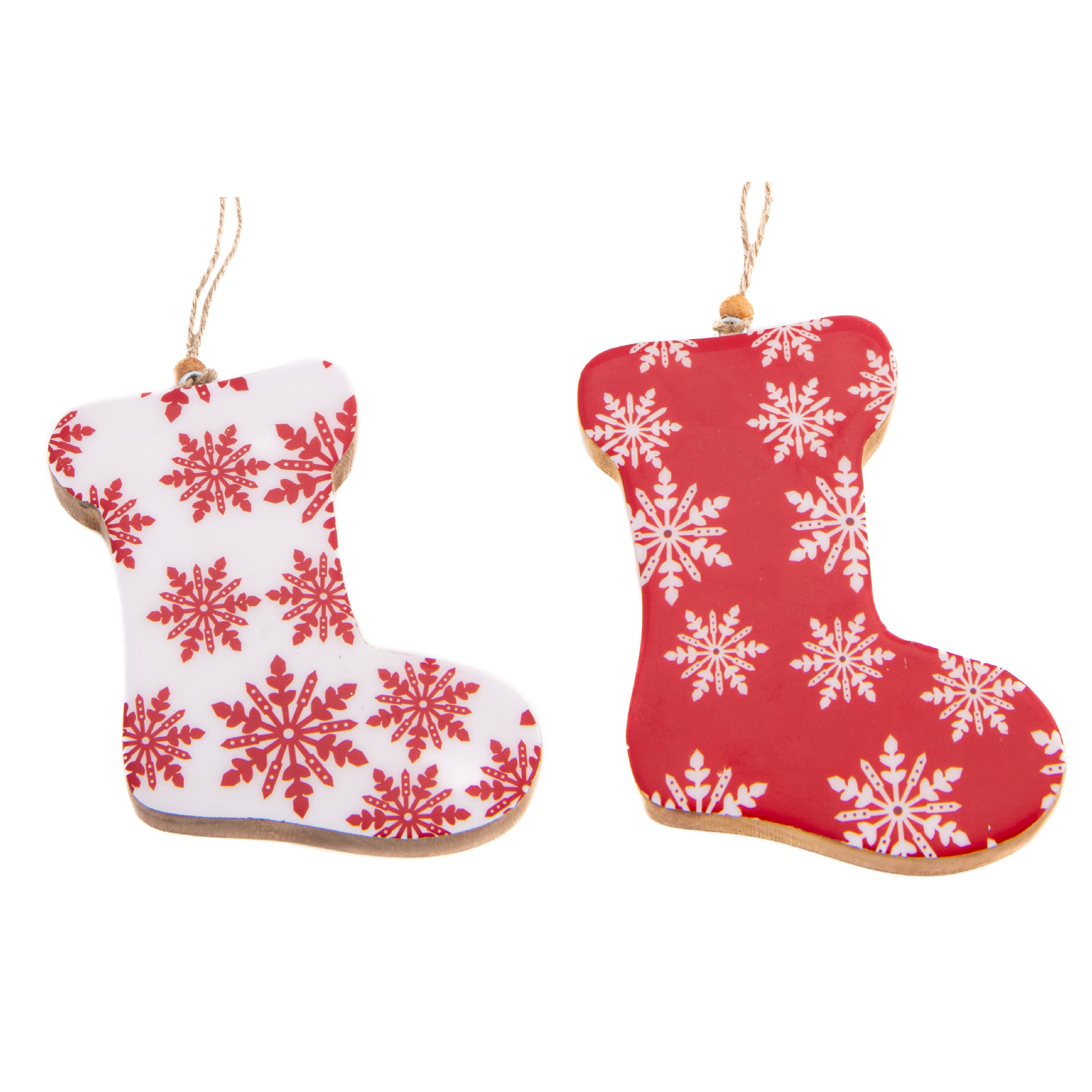 Wooden Enamel Coated Stocking Ornament Assorted, Christmas, Stocking, Holiday Decor- Set of 2