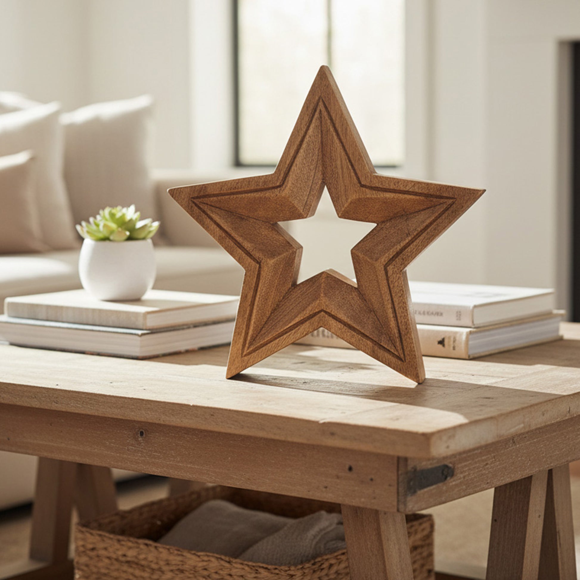 Mango Wood Carved Decor Star, Holiday Decor