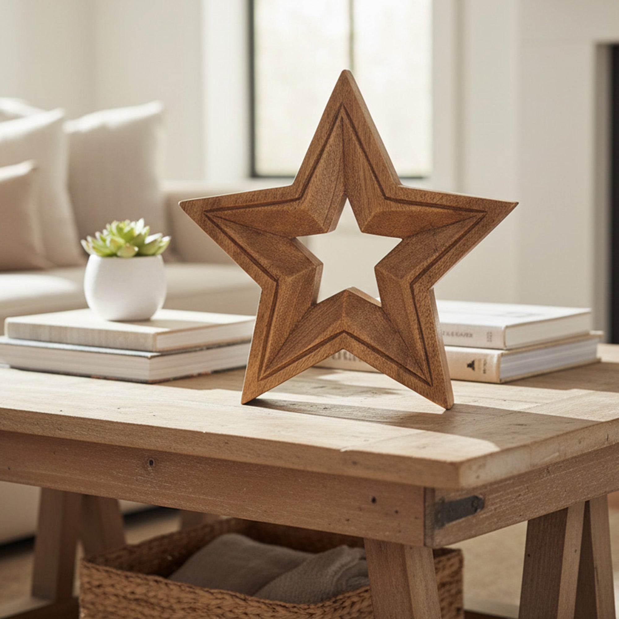 Mango Wood Carved Decor Star, Holiday Decor