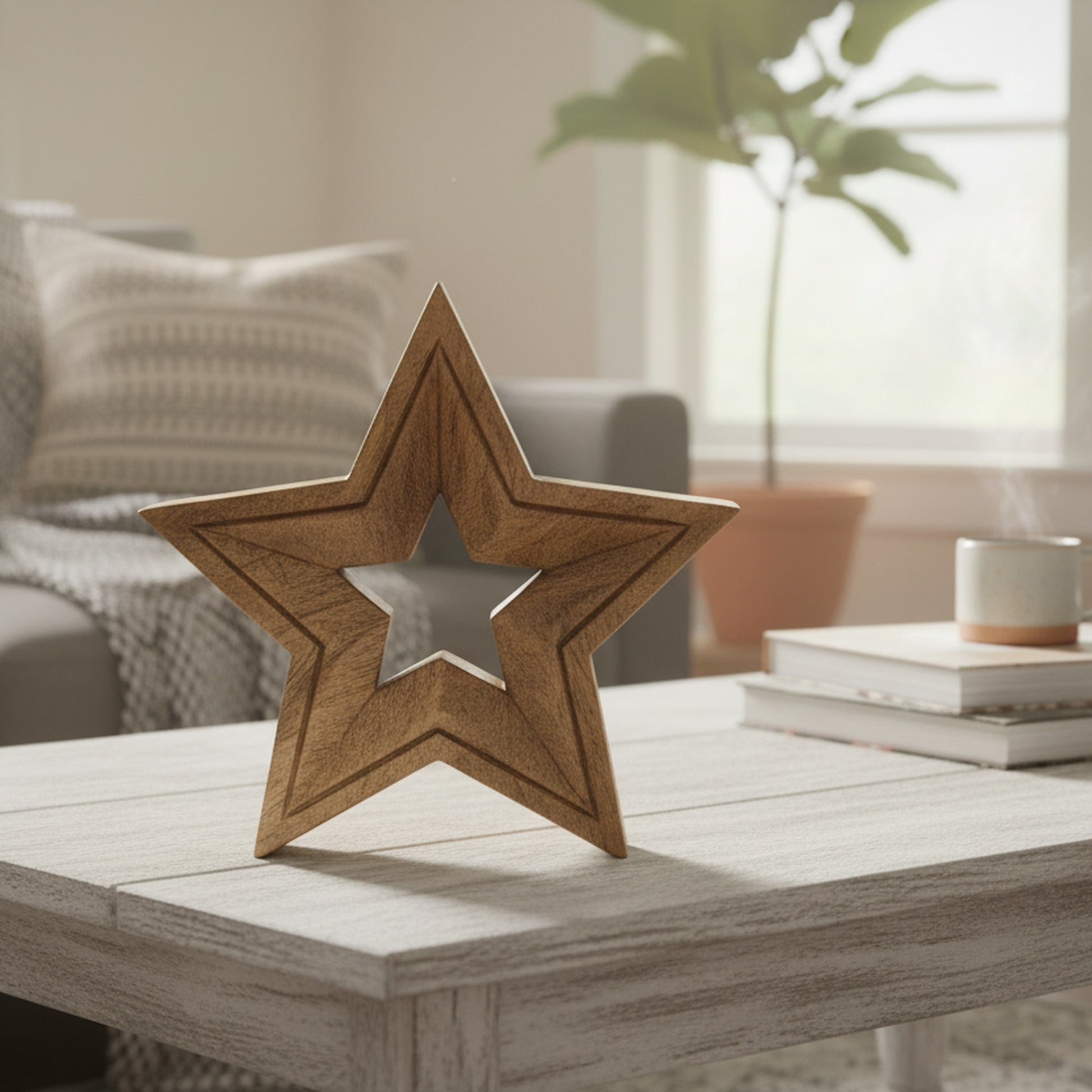 Mango Wood Carved Decor Star, Holiday Decor