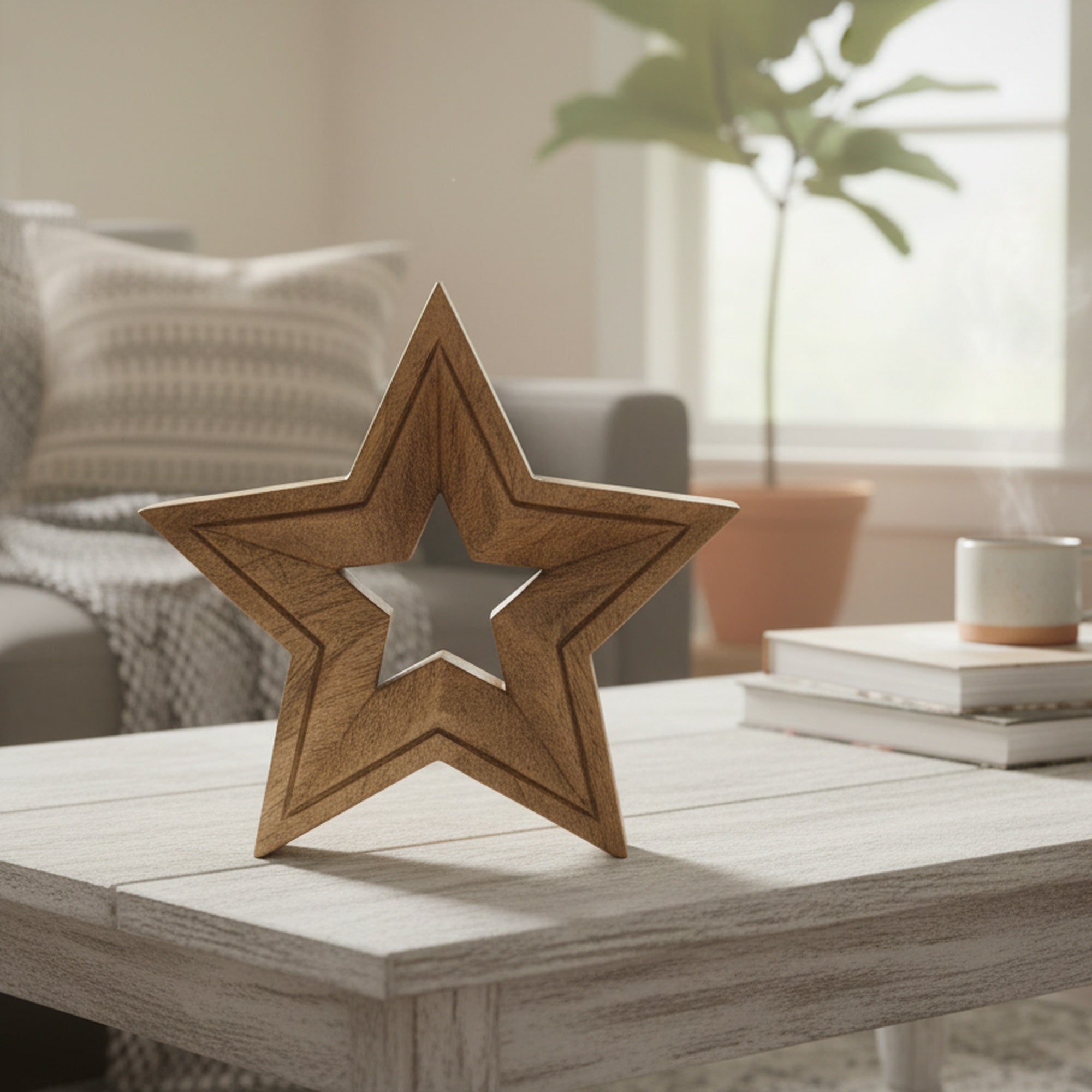 Mango Wood Carved Decor Star, Holiday Decor