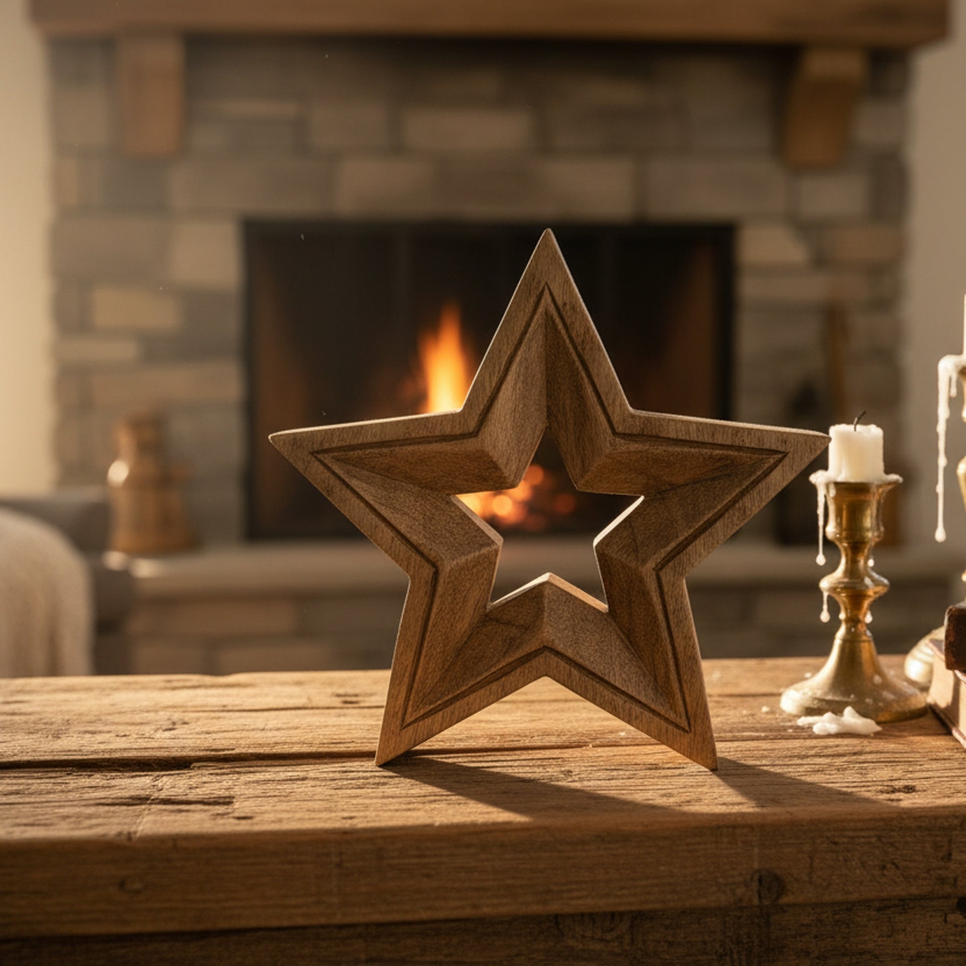 Mango Wood Carved Decor Star, Holiday Decor