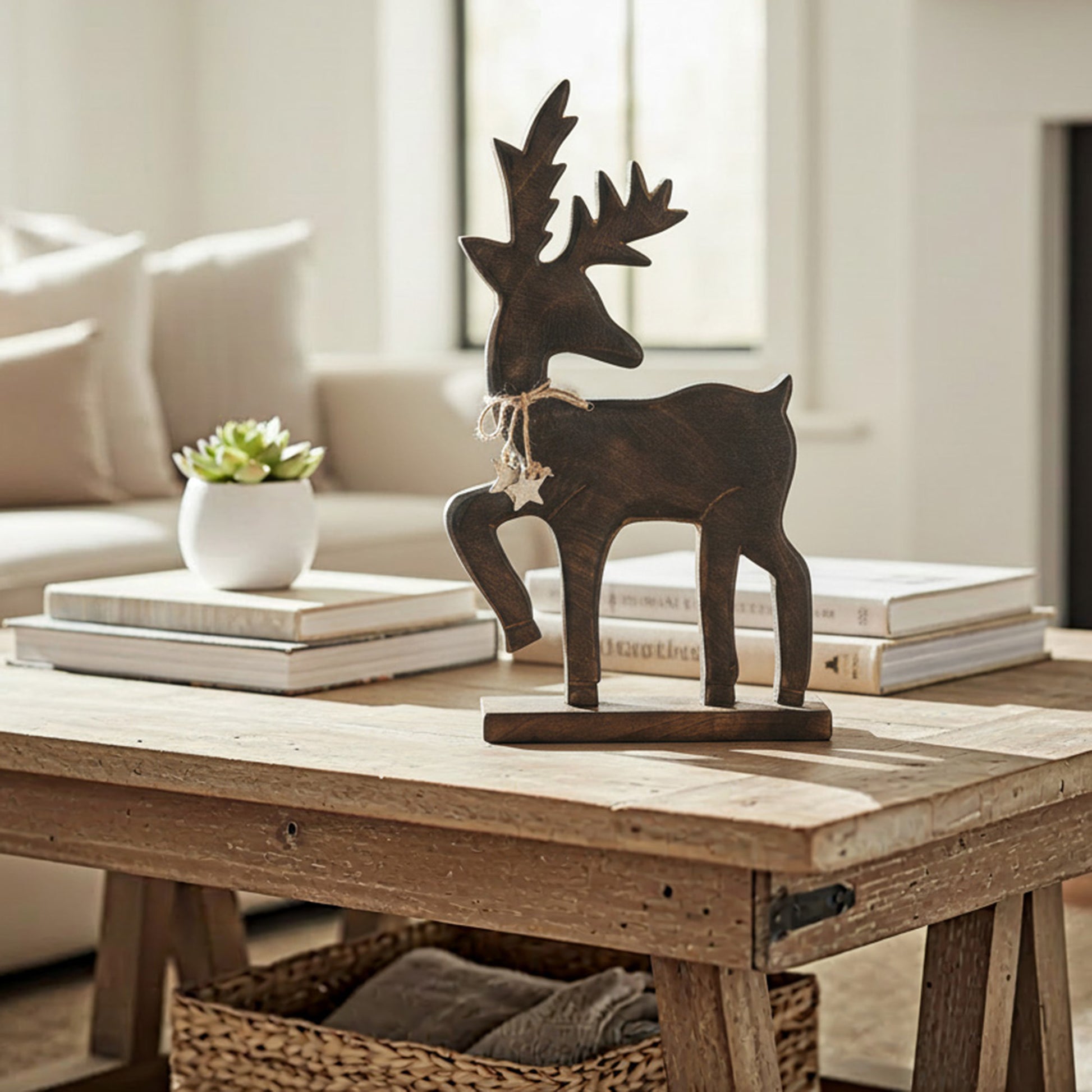 Mango Wood Carved Decor Reindeer with Tie, Christmas, Holiday Decor
