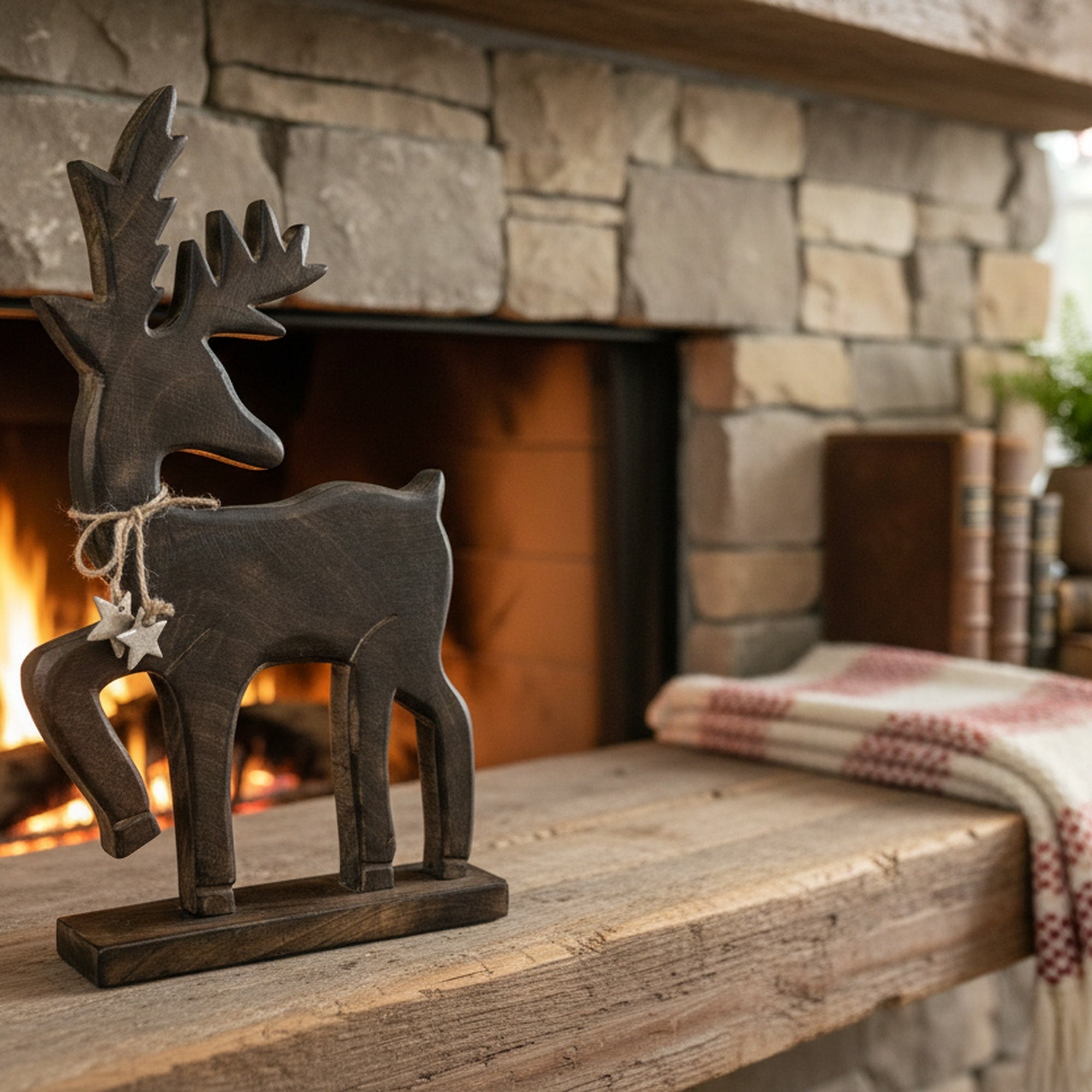 Mango Wood Carved Decor Reindeer with Tie, Christmas, Holiday Decor