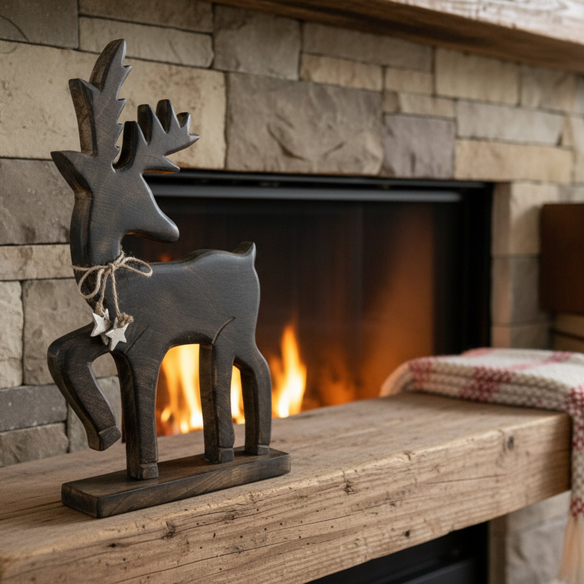 Mango Wood Carved Decor Reindeer with Tie, Christmas, Holiday Decor