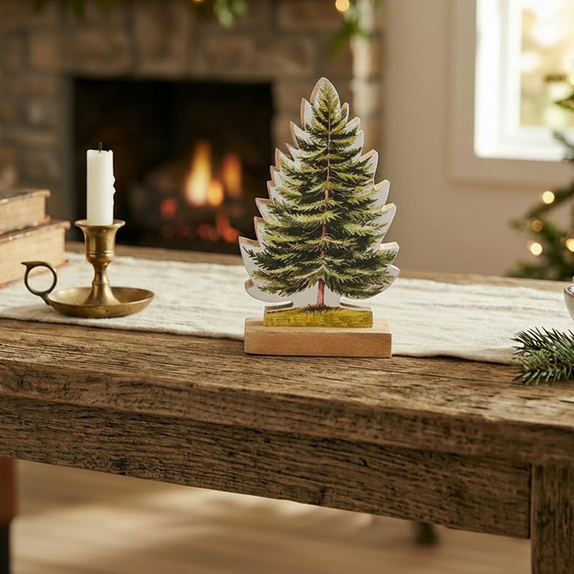 Enamel Coated Mango Wood Pine Tree, Holiday Decor