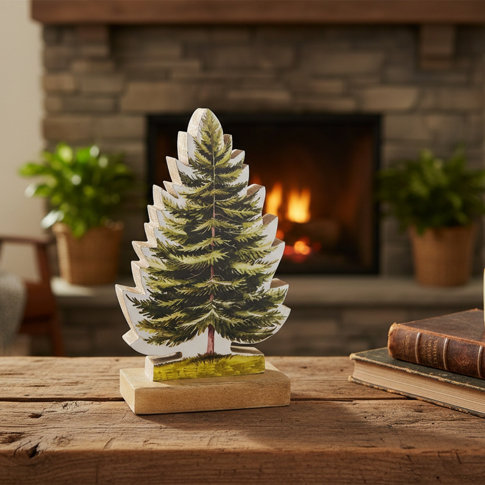 Enamel Coated Mango Wood Pine Tree, Holiday Decor