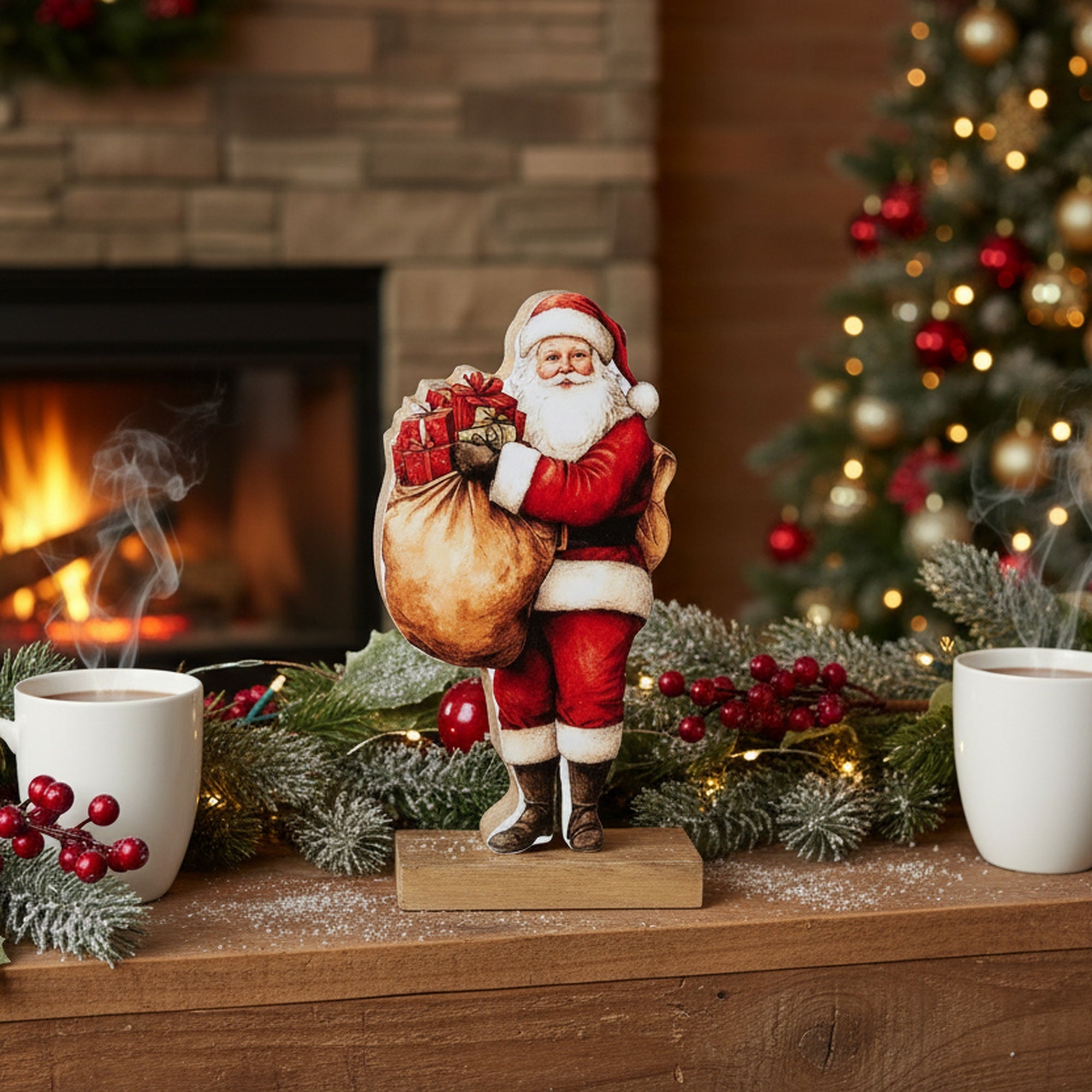 Enamel Coated Mango Wood Santa, Christmas, Holiday Decor