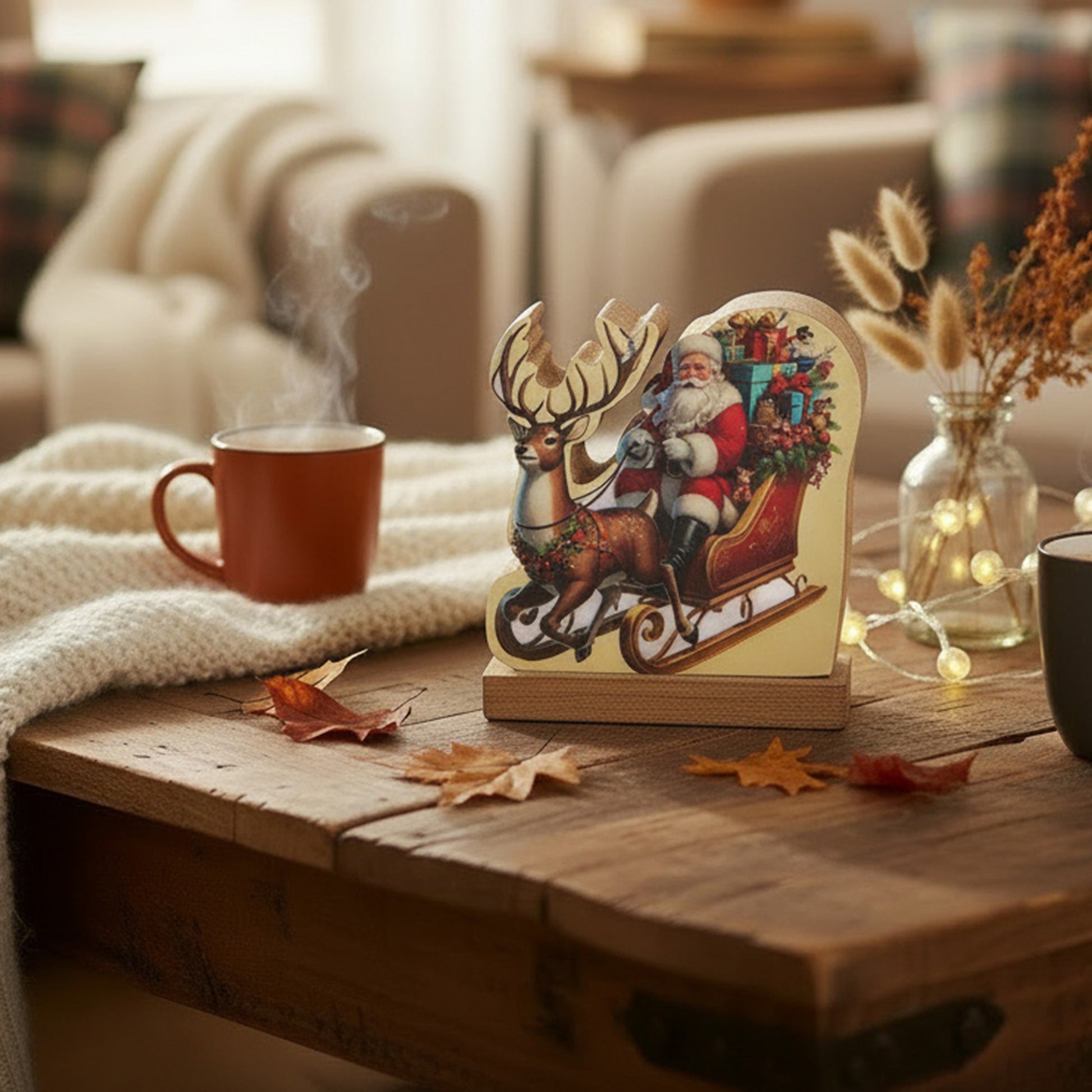 Enamel Coated Mango Wood Santa with Sleigh, Christmas, Holiday Decor