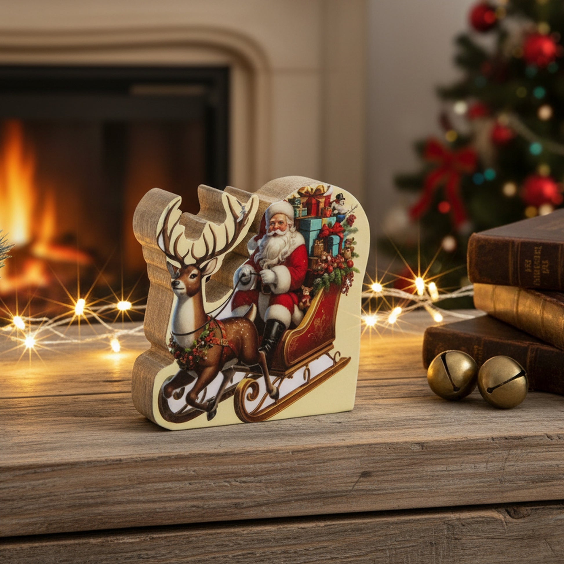 Enamel Coated Mango Wood Santa with Sleigh, Christmas, Holiday Decor