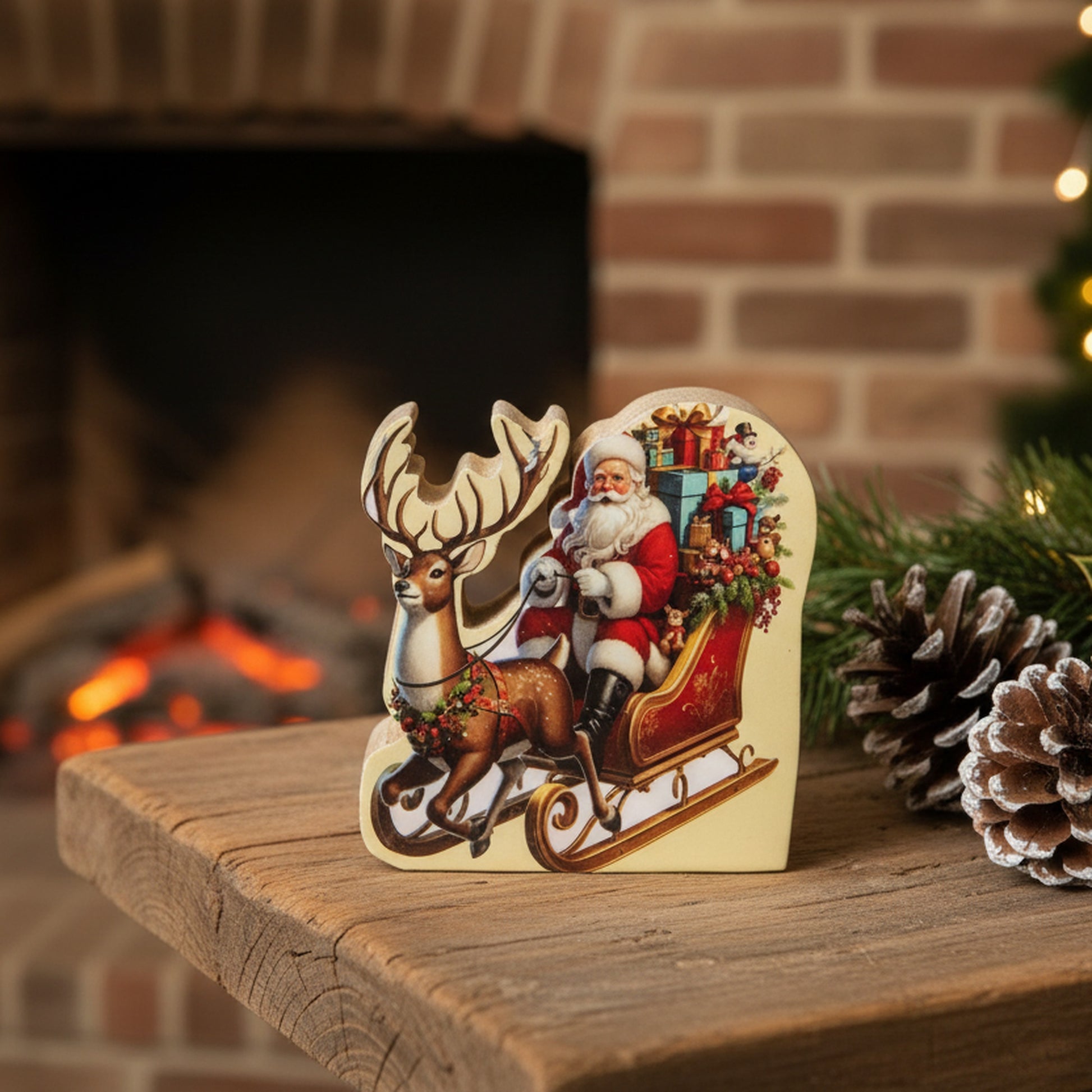 Enamel Coated Mango Wood Santa with Sleigh, Christmas, Holiday Decor