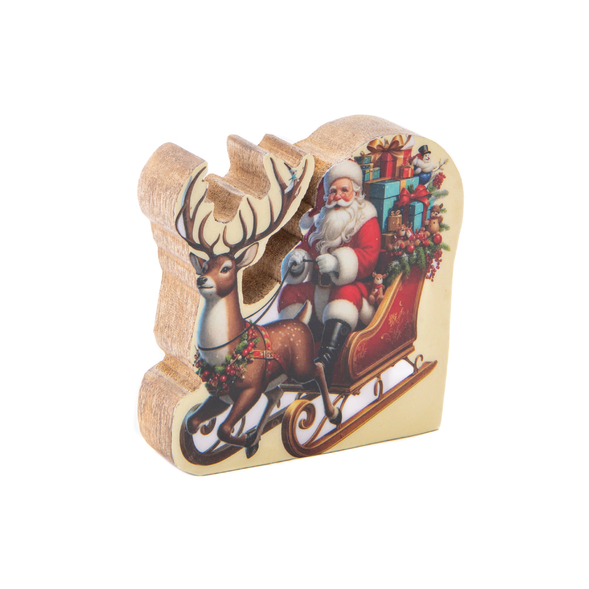 Enamel Coated Mango Wood Santa with Sleigh, Christmas, Holiday Decor