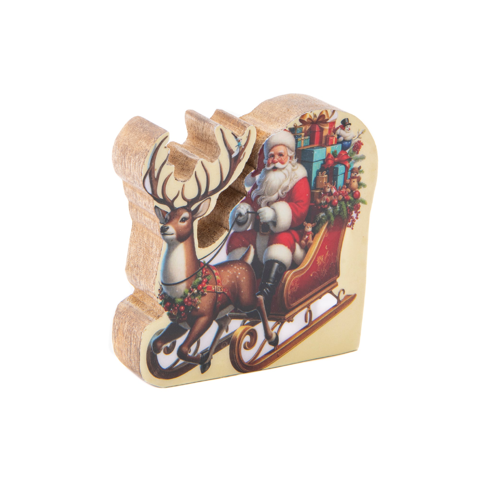 Enamel Coated Mango Wood Santa with Sleigh, Christmas, Holiday Decor