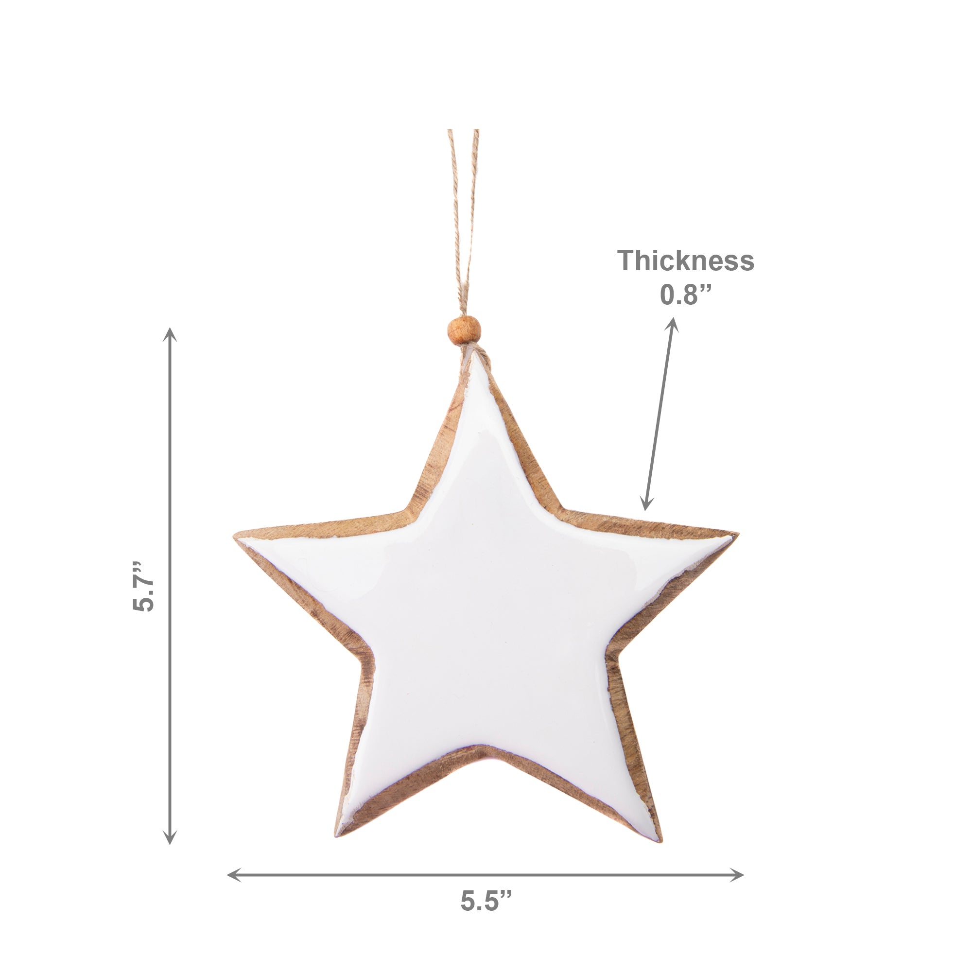 Enamel Coated Mango Wood Ornament White Star, Ornament, Holiday Decor- Set of 6